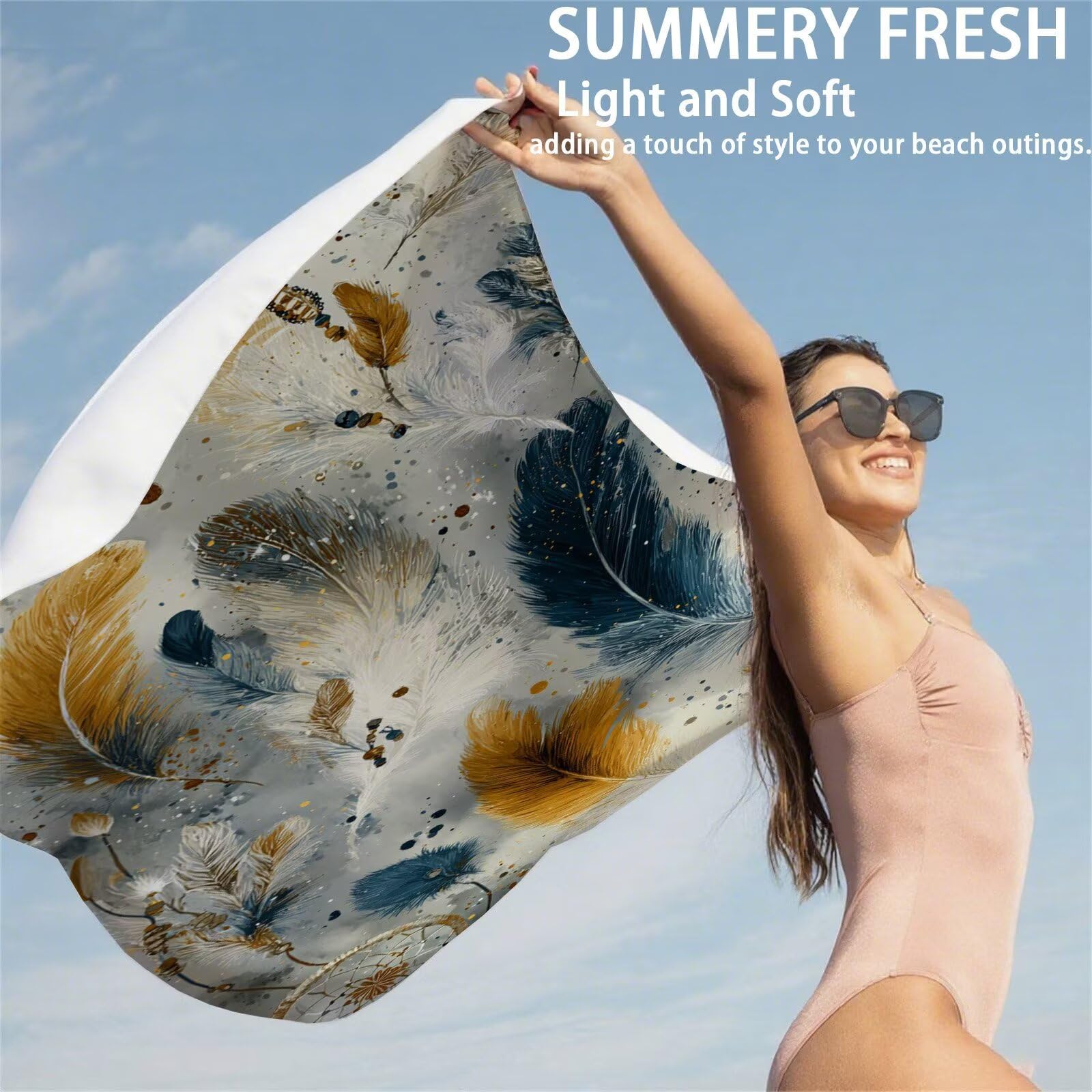 Ręcznik plażowy z mikrofibry 85 x 170 cm prześcieradło plażowe przeciw piaskowaniu pióro ręcznik plażowy XXL kolorowy ręcznik plażowy szybkoschnący, miękki ultrachłonny szybkoschnący do podróży, sauny