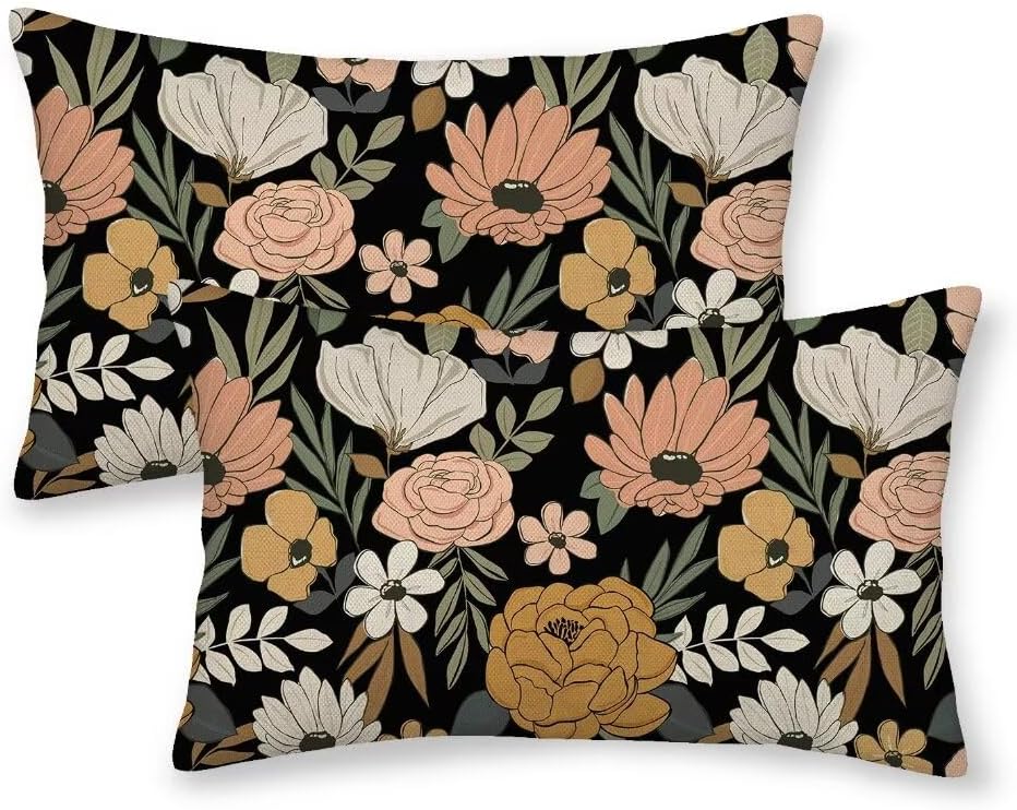 BETGINY Spring Floral Throw Pillow Covers 12x20 Set of 2, Black Floral Decorative Outdoor Pillow Covers Rustic Modern Watercolor Flower Pillow Cases Linen for Couch Sofa Home Decor