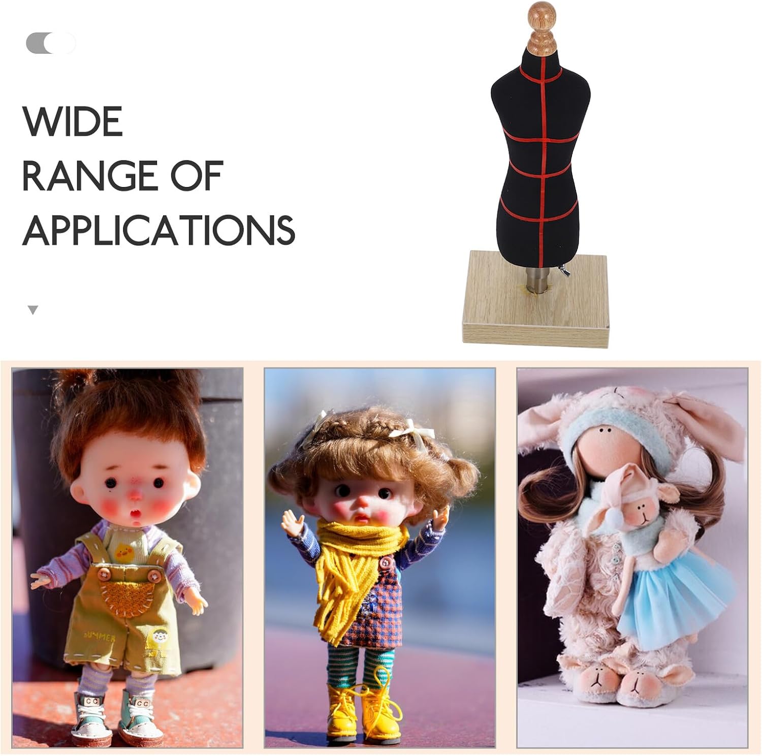 1/4 Scale Doll Dress Display Mannequin with Base and Stitch Lines, Black Cotton Fabric Doll Dress Form Stand for Clothing Design and Sewing Teaching Tools