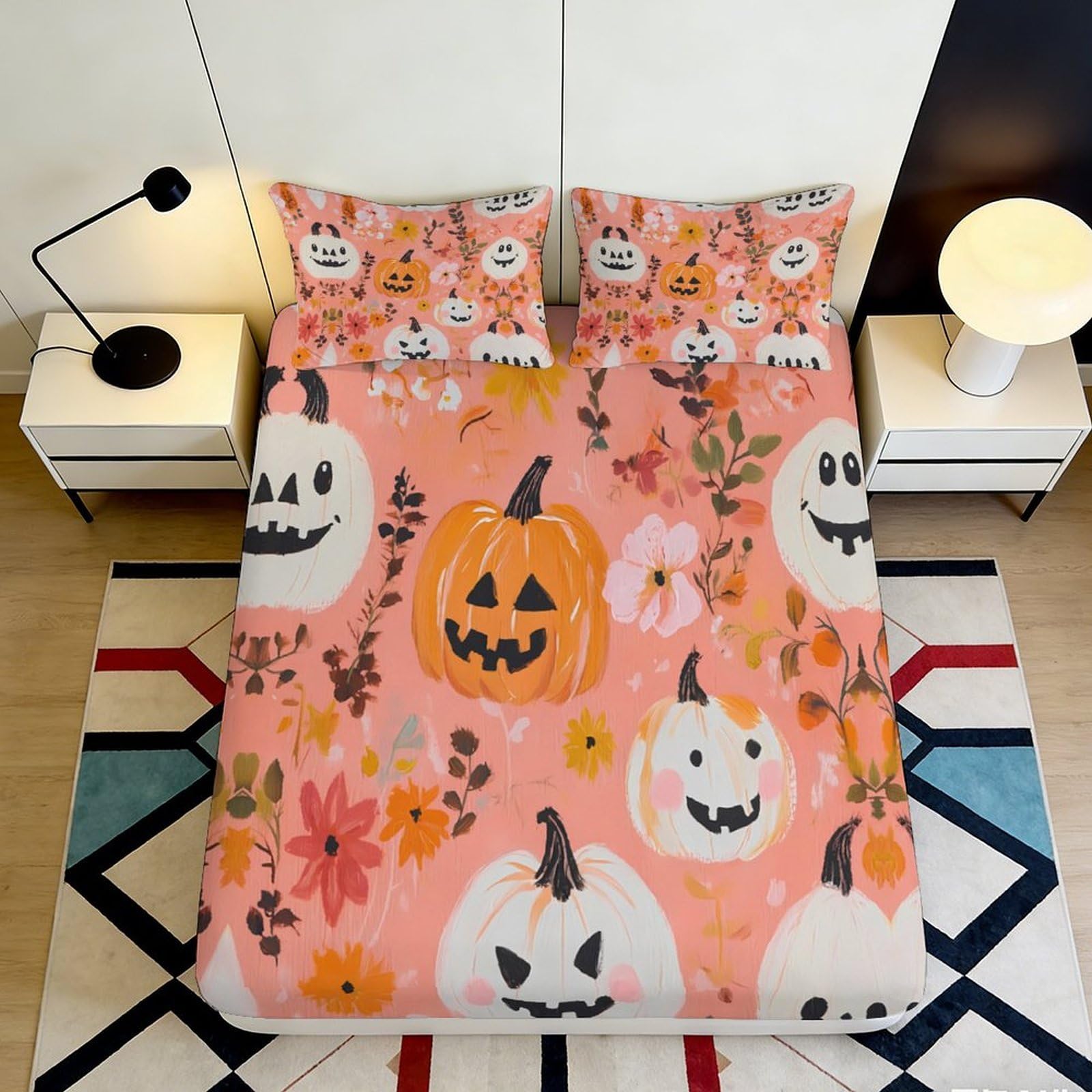 3D Printed Halloween Pumpkin Fitted Sheet Microfiber Soft Floral Ghost Bed Sheet for Bedroom Guest Room Decor 90x200x25cm