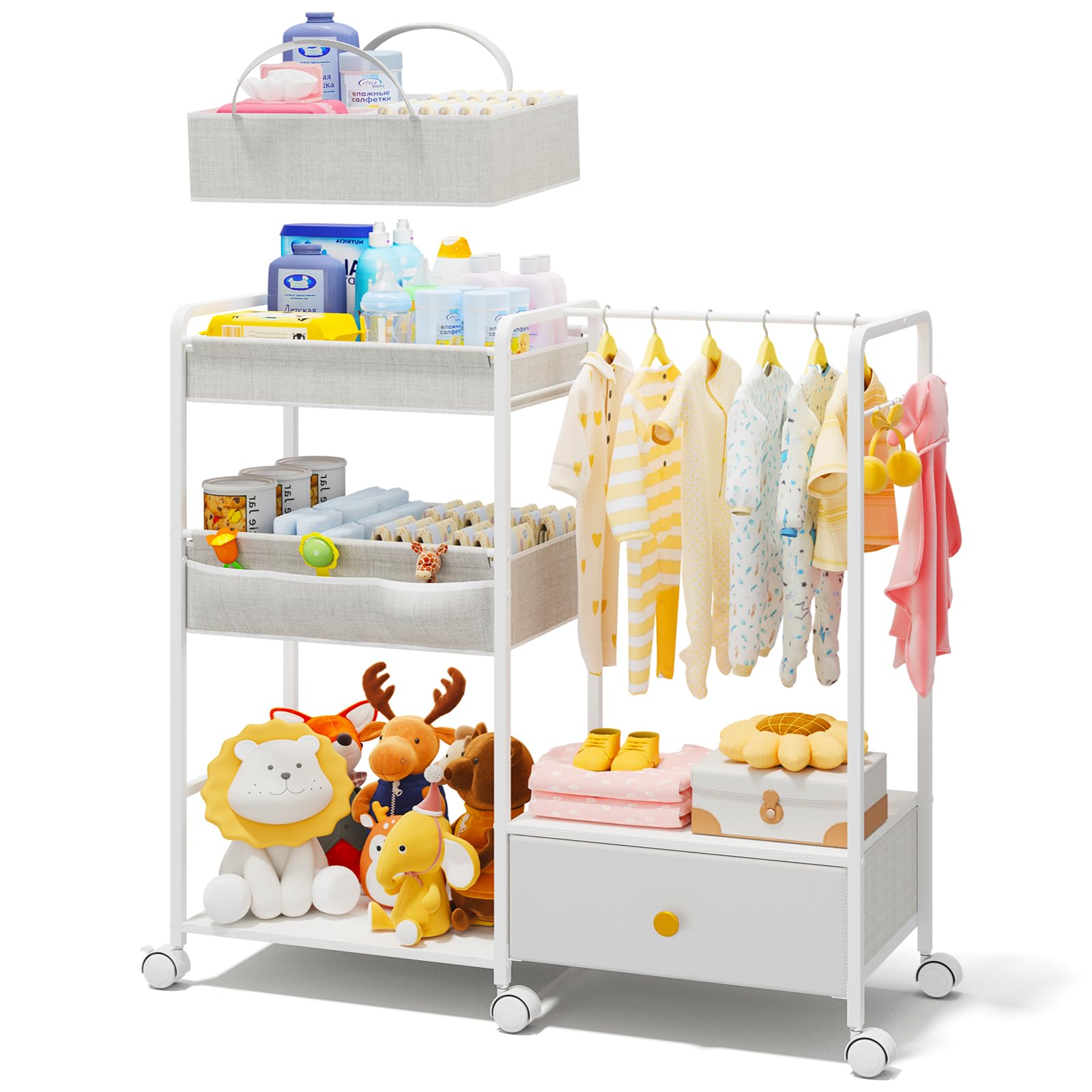 BBLIKE 3in1 Diaper Caddy Organizer - Diaper Caddy & Rolling Diaper Cart with Kids Clothing Rack for Nursery and Baby Essentials, Multi-Function