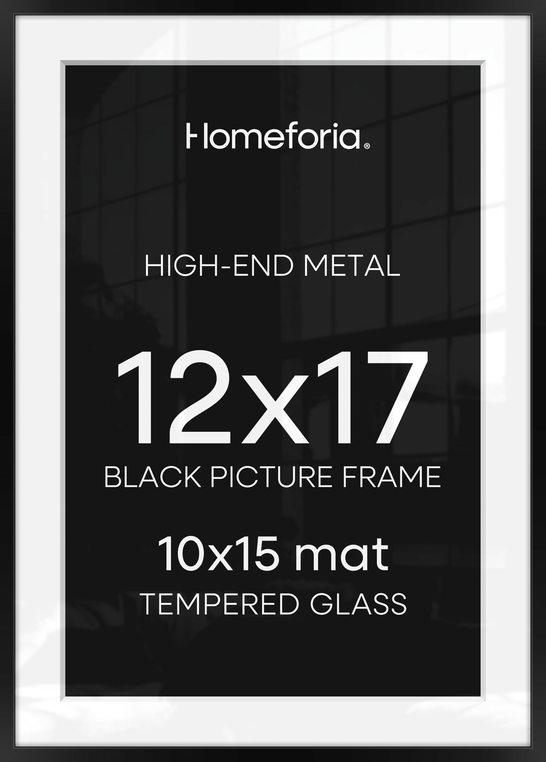 Homeforia 12x17 Black Picture Frame, High-End Metal, 10x15 Mat, Glass | High End Aluminum, Tempered Glass, Acid-Free 10x15 Removable Mat, 12x17 in Edge-to-Edge Display 17x12, Wall Kit, Set Of 1