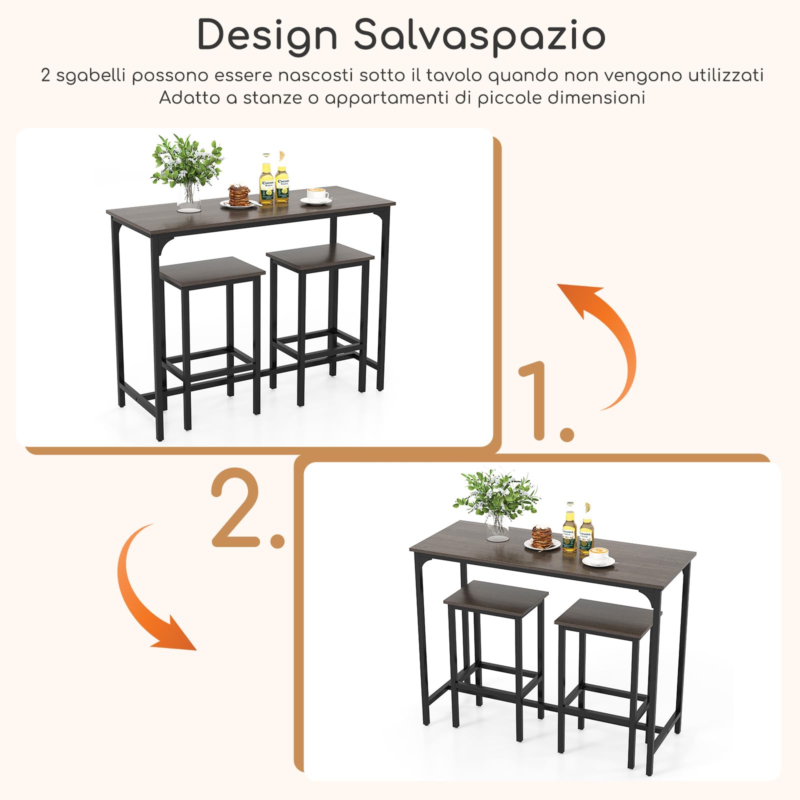 COSTWAY Tavolo con 2 Sgabelli in Metallo e Legno, Set da Pranzo 3 Pezzi, Tavolo Rettangolare da Cucina con 2 Sedie per Sala da Pranzo, Appartamento e Bistro, Stile Retrò (Grigio)