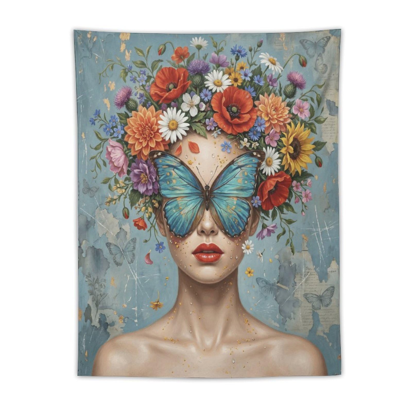W7C8U2X3 Butterfly Woman Pastel Floral Wall Tapestry, Backdrop
