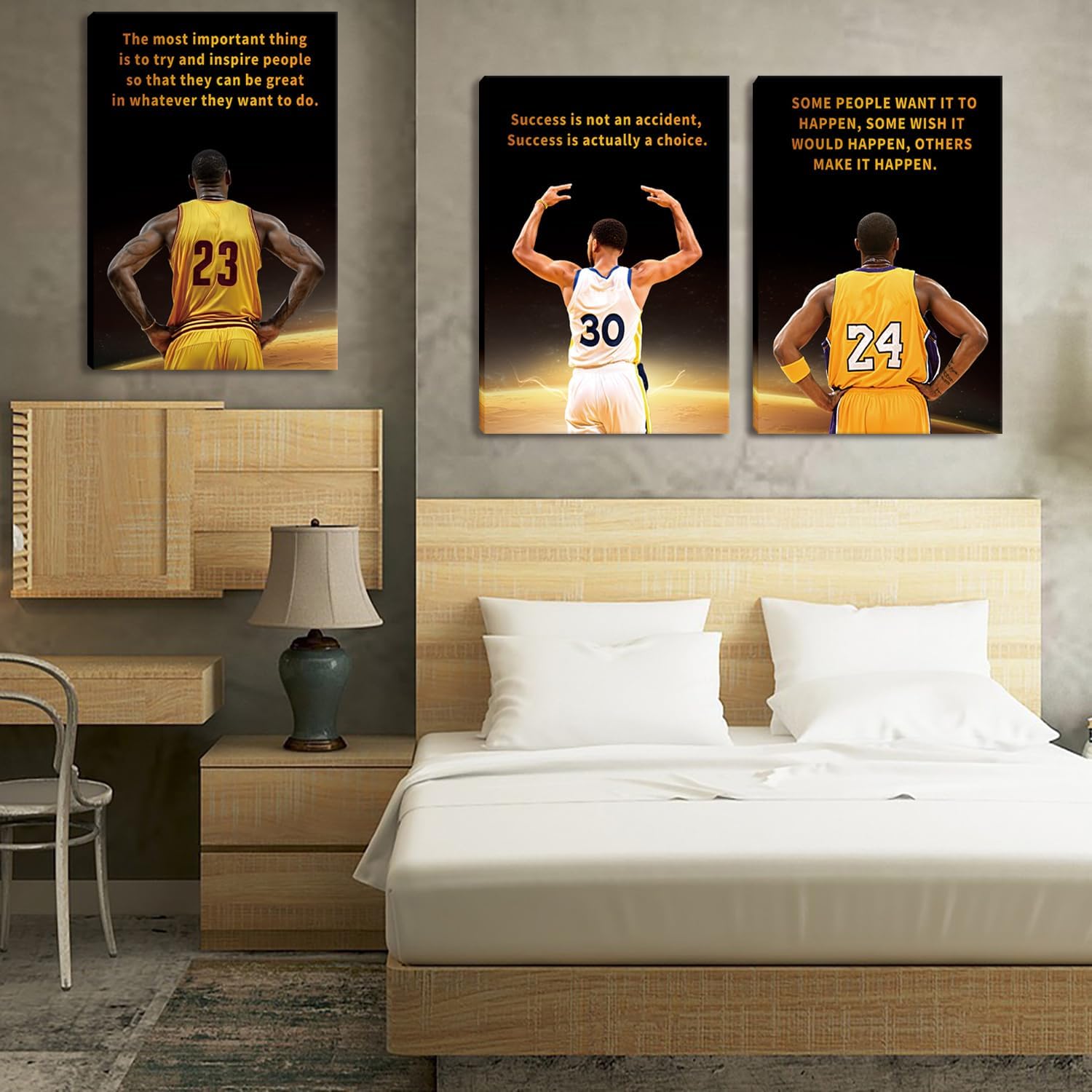 3 Pcs Framed Inspirational Basketball Action Figure Canvas Wall Art Motivational Basketball Poster Print Picture Paintings Man Artwork Wall Decor for Boys Room Bedroom Dormitory Office 16x24in