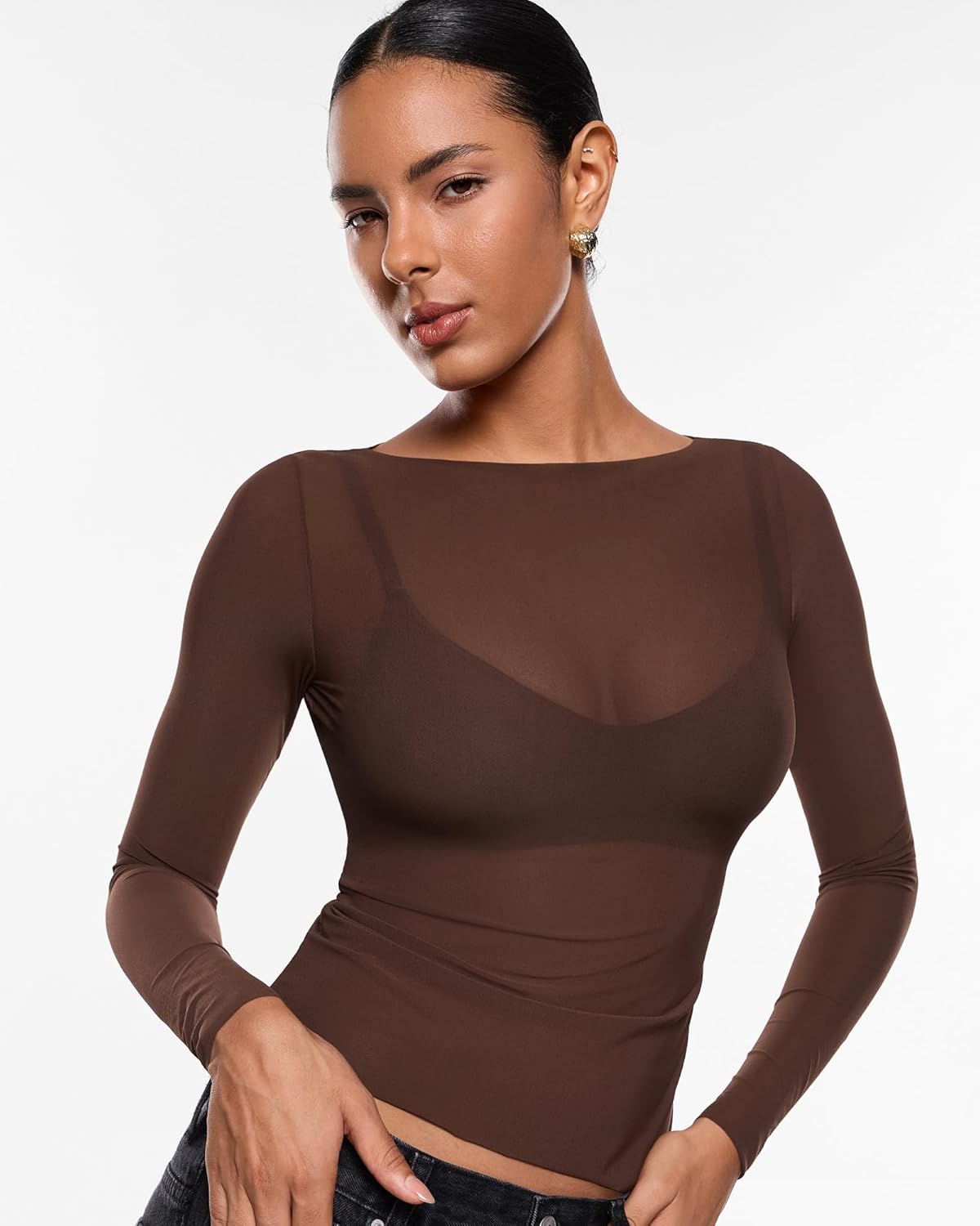 INLYRIC Women's Cosnufy Mesh Sheer Long Sleeve Tops See Through Boat Neck Going Out Tops Trendy Sexy Shirts - Image 4