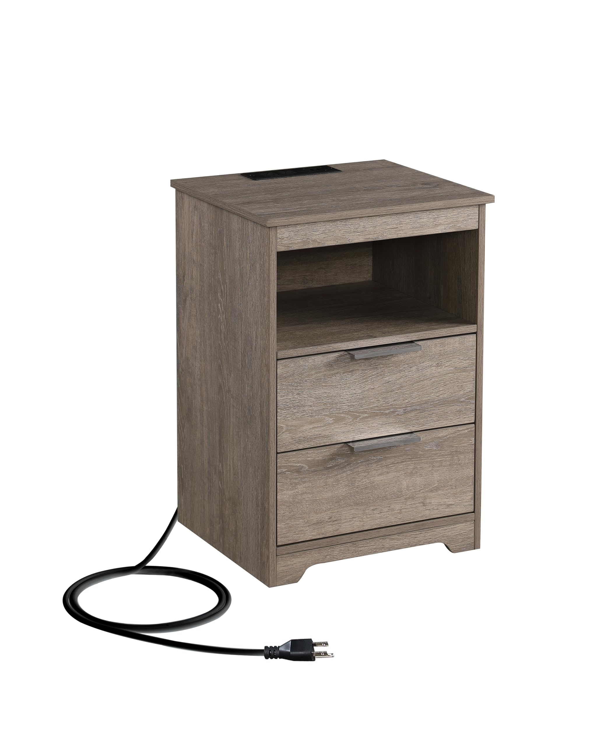 Kavonty Nightstand with Charging Station,Nightstand with 2 Drawers,Wooden End Table with Drawer and Opening Shelf,Side Table for Bedroom, Rustic Grey