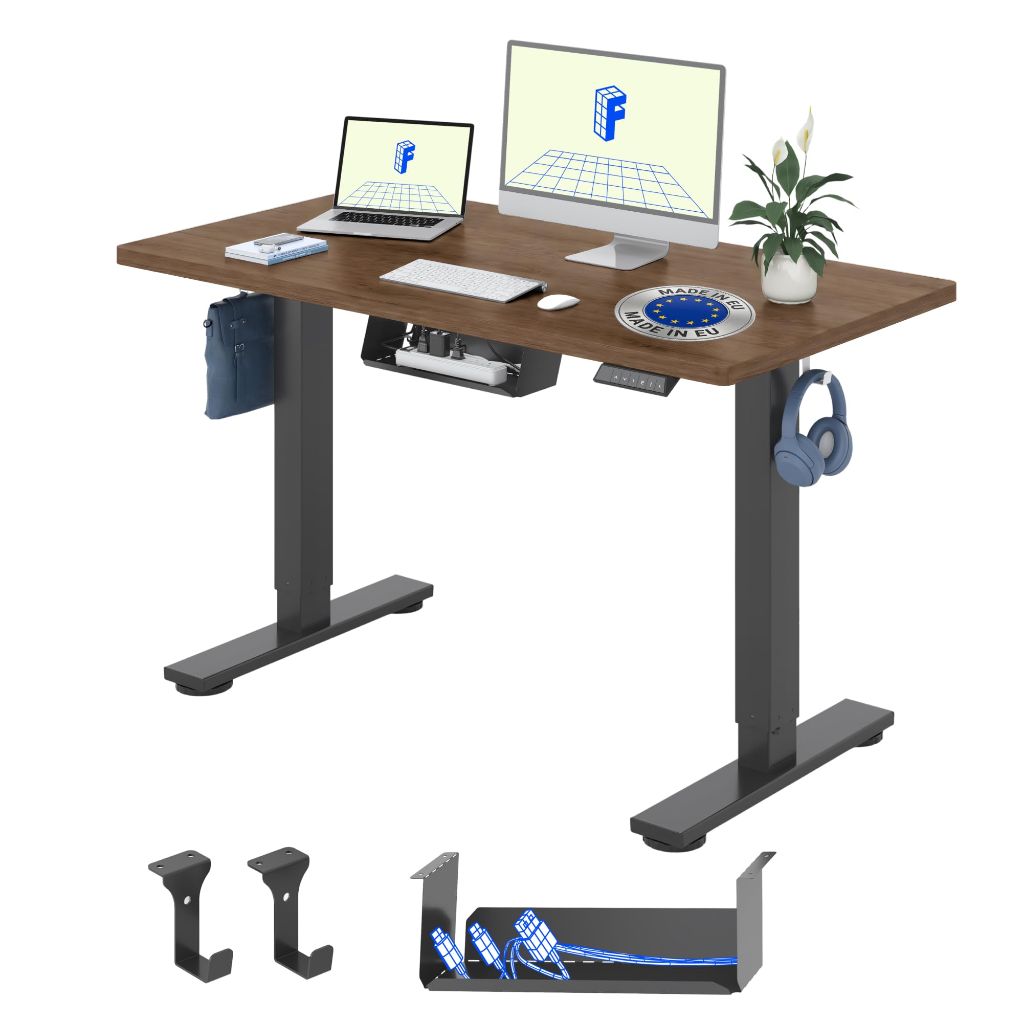 FLEXISPOT Escritorio Elevable Eléctrico con Tablero Acabado de Roble Hecho en UE,140×80cm,Altura Ajustable 71-120cm,Capacidad 80 kg,para Oficina,Trabajo Remoto,Hogar y Empresa,Roble Café + Negro