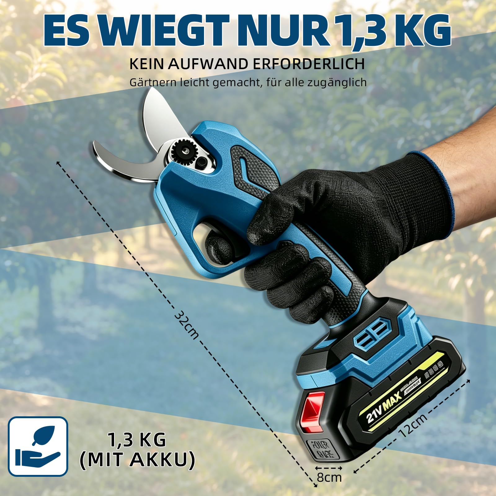 Akku Astschere 40 mm Schnittdurchmesser – SK5 Klinge | bürstenloser Motor, LED-Display, inkl. 2x 2000mAh Lithium-Akku, Handsäge, Handschuhe & Wetzstein,Komplettes Gartenscheren-Set