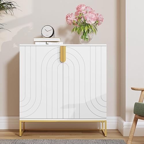 HLR Sideboard Buffet Cabinet with Storage, Modern Accent Cabinet Adjustable Shelves Wooden Storage Cabinets for Kitchen, Dining Room, Living Room, Coffee Bar, Garage, Entryway, White