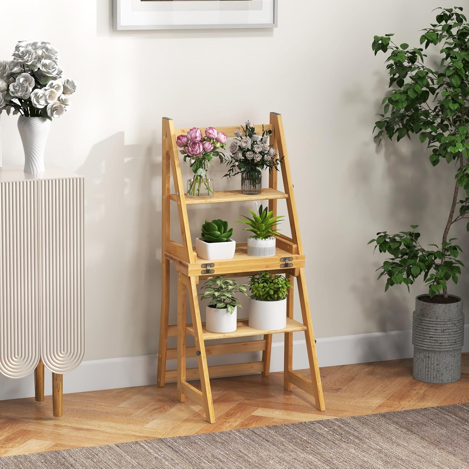 GIANTEX Silla Escalera de Bambú 3 en 1, 3 Peldaños, 40 x 41,5 x 89 cm, Carga hasta150 kg, Silla Plegable Multifuncional, Taburete Escalera para Cambiador, Cocina, Almacén