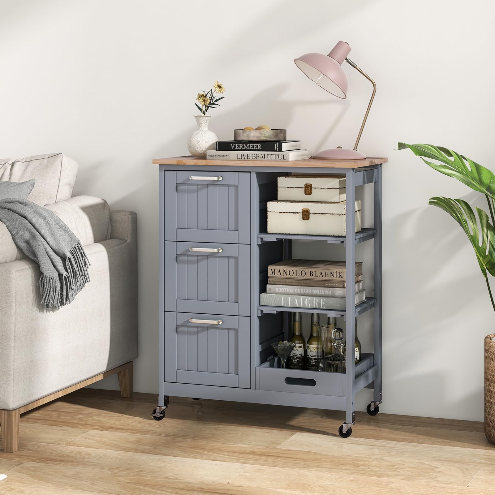 COSTWAY Carrito de Cocina con Ruedas Bloqueables, Carrito de Servicio Multiuso con 2 Estantes Abiertos y 3 Cajones, Bandeja Extraíble, Carro Auxiliar de Madera para Cocina y Comedor (Gris)
