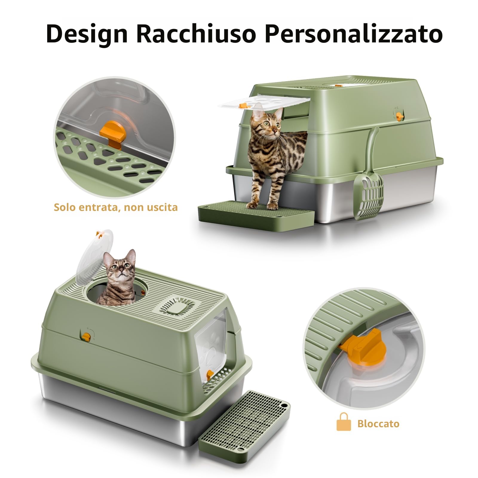 Lettiera per Gatti in Acciaio Inox, Lettiera Gatto Chiusa XXL, 60 x 40 x 39 cm Toilette per Gatti Grande XL con Pala, Cassette igieniche per gatto, Doppio Strato Opaco - Verde