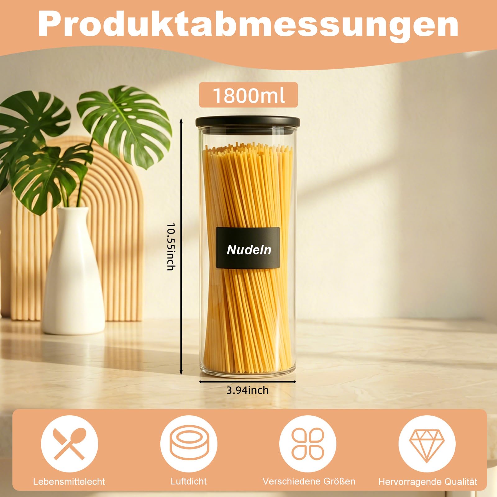 twoant Vorratsgläser mit Deckel Luftdicht （4x1800ml） Runde Vorratsdosen Glas Vorratsglas mit Glasdeckel Aufbewahrungsgläser für Aufbewahrung Küche,Gewürze, Kaffee