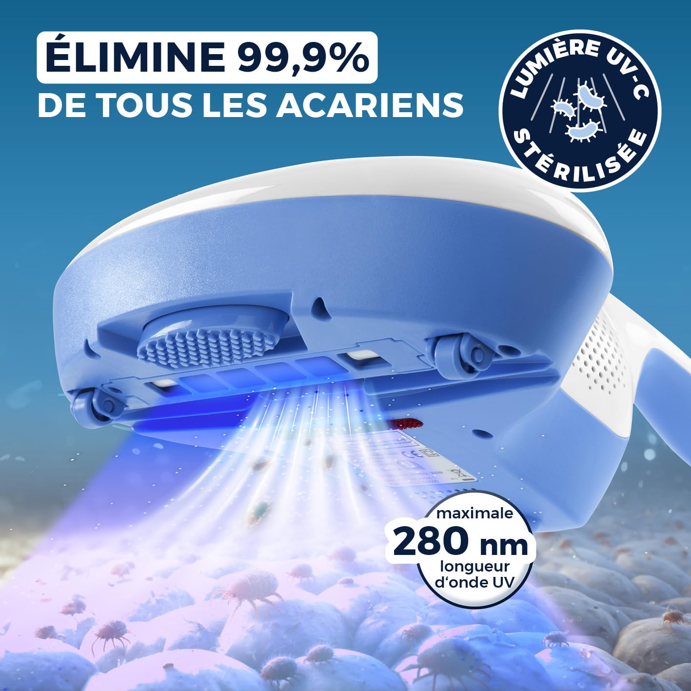 CLEANmaxx aspirateur à acariens avec lumière UV-C stérilisante | Aspirateur à Matelas avec Filtre HEPA, détruit 99,9% de Tous Les acariens | Nettoie et désinfecte en Une Seule étape