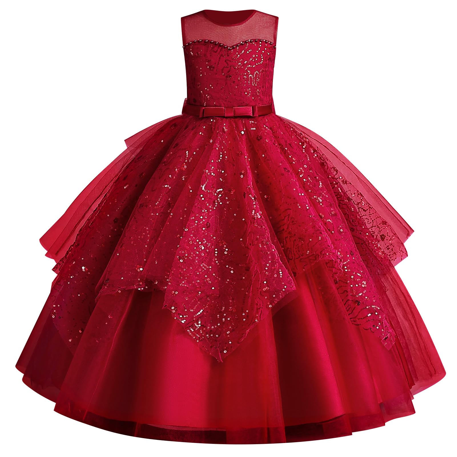 IDOPIP Robe Enfant Fille Mariage Dentelle Tulle sans Manches Broderie Perles Bow Demoiselle d'honneur Anniversaire Partie Princesse Longue Robe De Bal Soirée