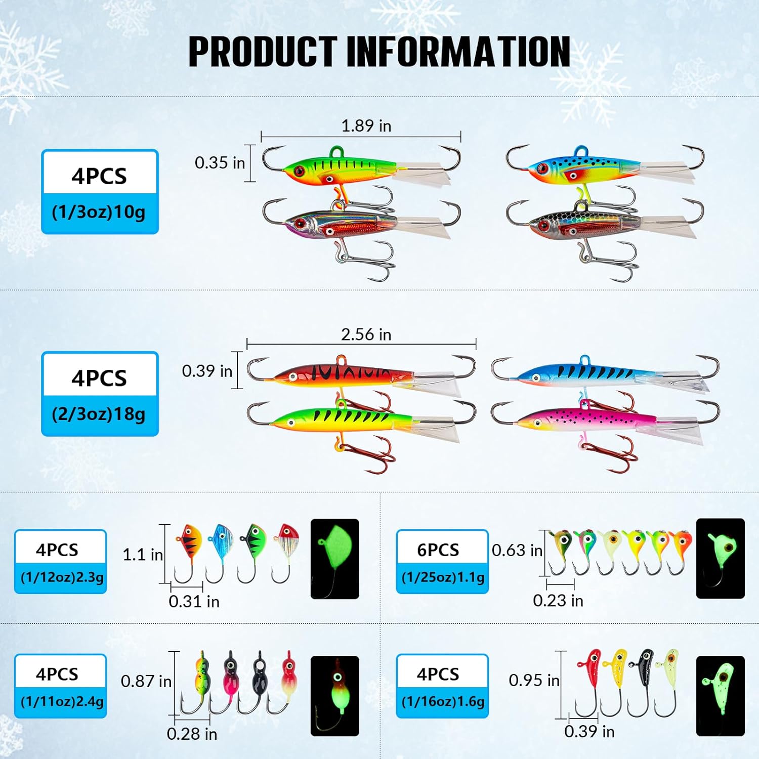 THKFISH Ice Fishing Lures Ice Fishing Jigs Ice Fishing Gear Hard Fishing Lures and Jigs Walleye Ice Fishing Kit Crappie Panfish Pike Jigs,14/26/40PCS