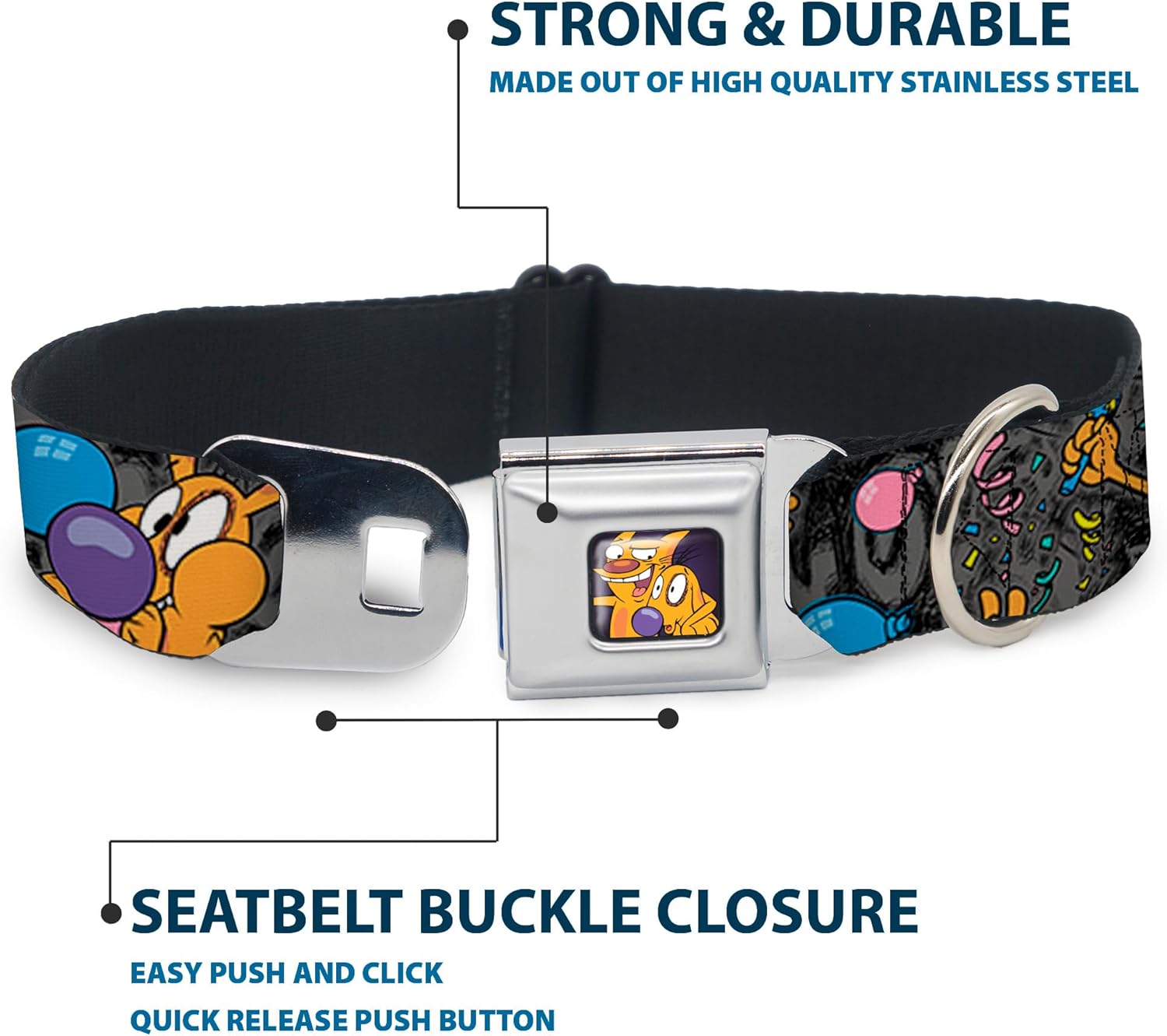 Buckle-Down Seatbelt Buckle Dog Collar - CatDog Party/Balloons/CATDOG Logo Gray/Black/Multi Color - 1" Wide - Fits 11-17" Neck - Medium