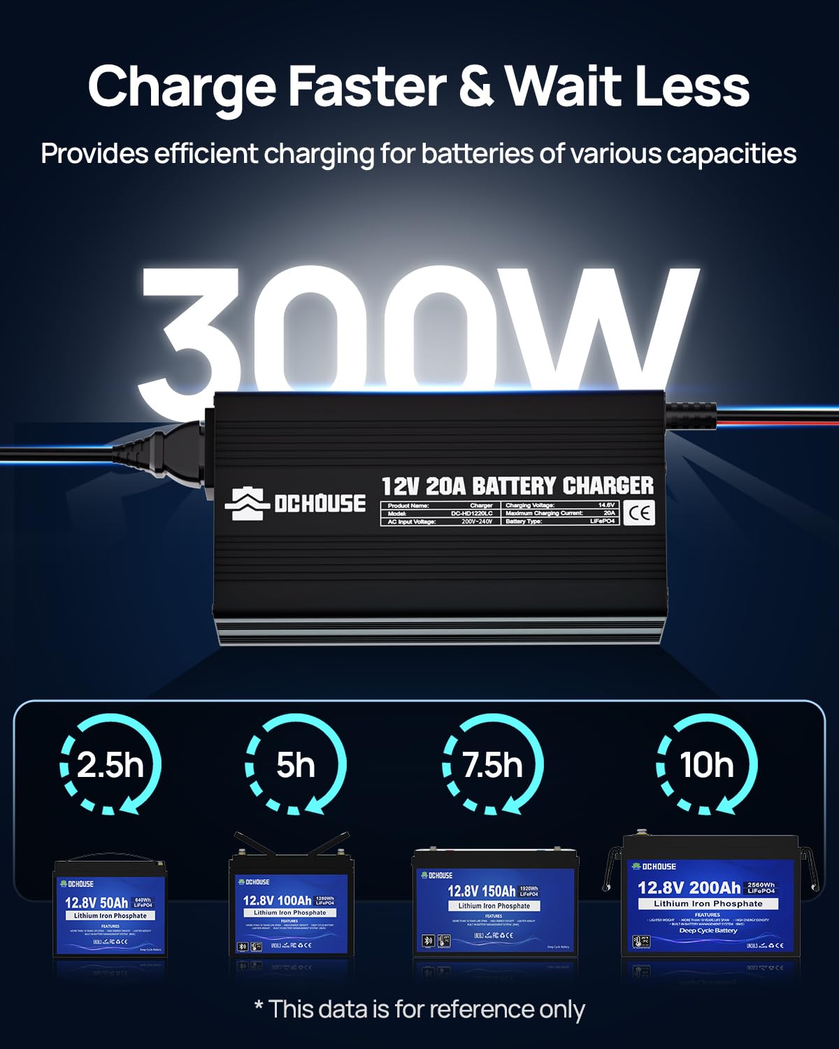 Chargeur de batterie 20 A 12 V au lithium LifePO4 14,6 V Entretien intelligent automatique pour batterie à décharge profonde de voiture moto marine