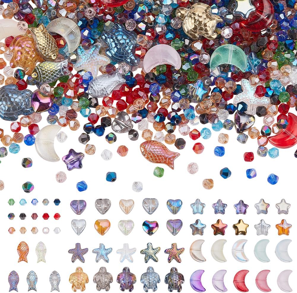 PH PandaHall 1320pcs Faceted Glass Beads Crystal Beads AB Color Cut Beads Sparkling Star Heart Turtle Beads Top Drilled Craft Beads for Bracelet Necklace Jewellery Making DIY Crafts 4~18mm