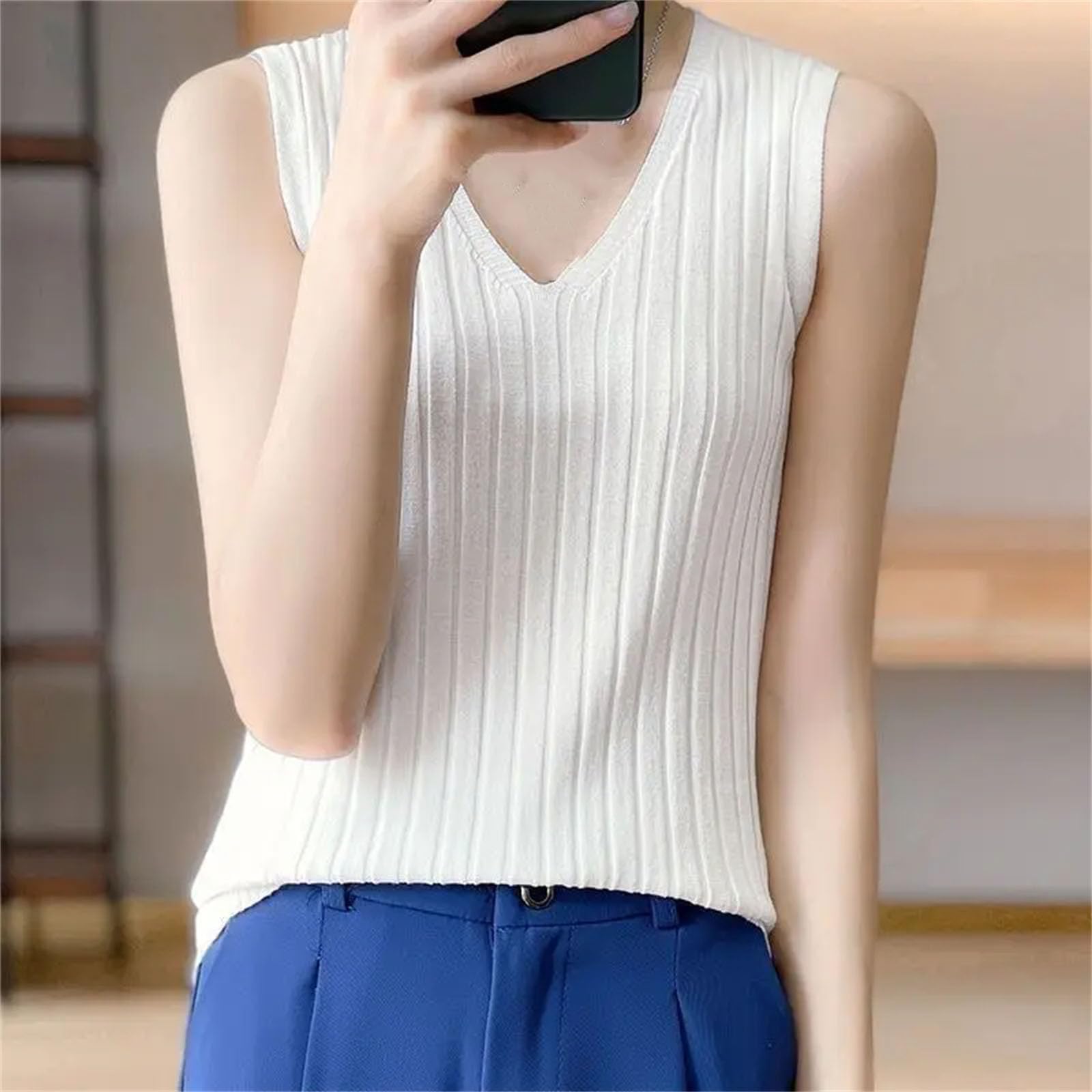 Camiseta sin mangas de seda de hielo para mujer, cuello en V, holgada