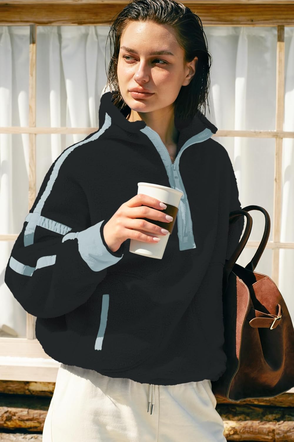 Panadila Womens Half Zip Sherpa Fleece Pullover Soft Oversized Sweatshirt with Pockets Warm Fuzzy Sweater - Image 4