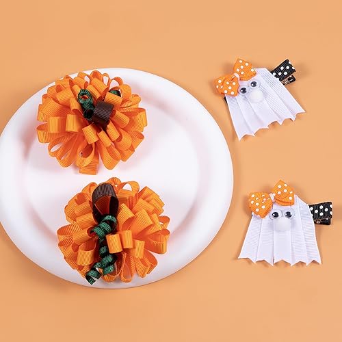Miniatura 9 de Pinzas de cocodrilo para el pelo de otoño, para niñas, color naranja, lunares, rizados, con cinta, bola de flores, pasadores de animación, pasadores