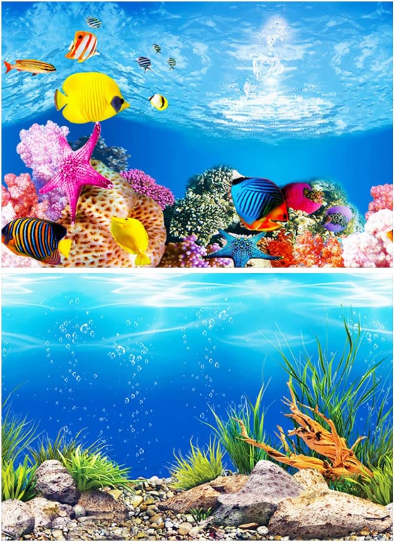 ZIIYAN Aquarium Background, Double Sides Fish Tank Backdrop Decoration Paper Cling Decals Sticker Pictures (A, 11.8″ x 24.5″)