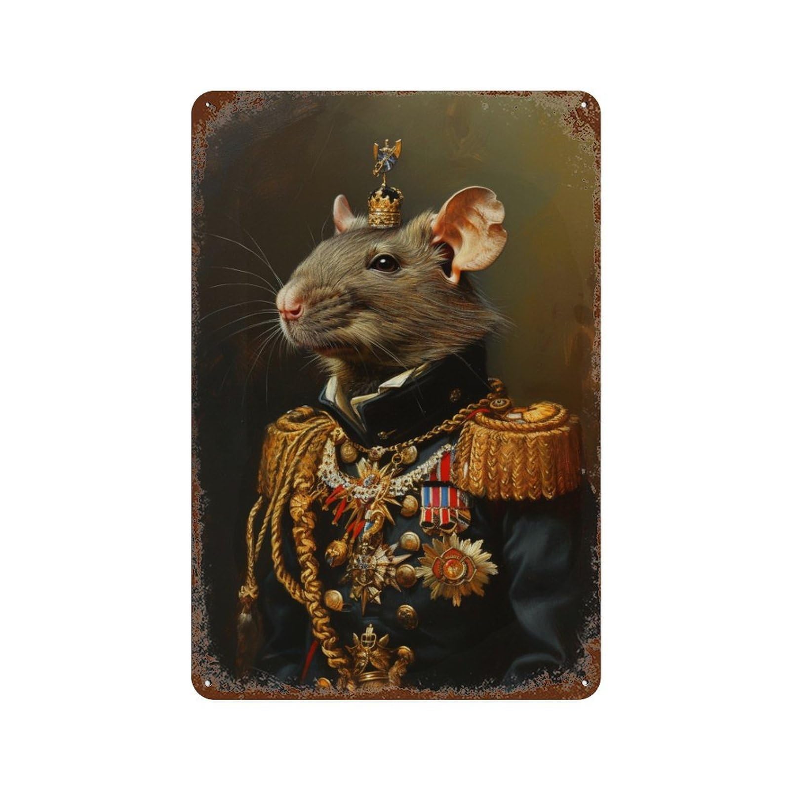Royal Rat in Noble Attire 11.8"x7.9" Distressed Metal Wall Sign, Industrial Home Decor for Patio, Garden Room And Bar Decor