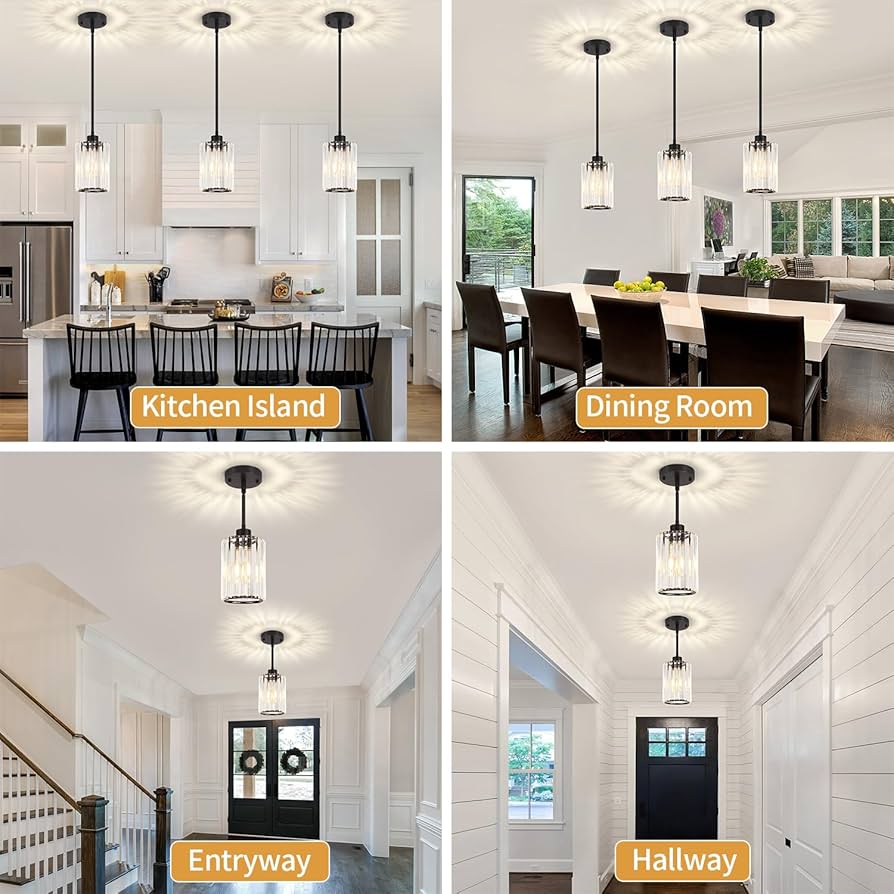 ZSMIHDOH 3 Pack Black Pendant Light, Modern Crystal Pendant Lights