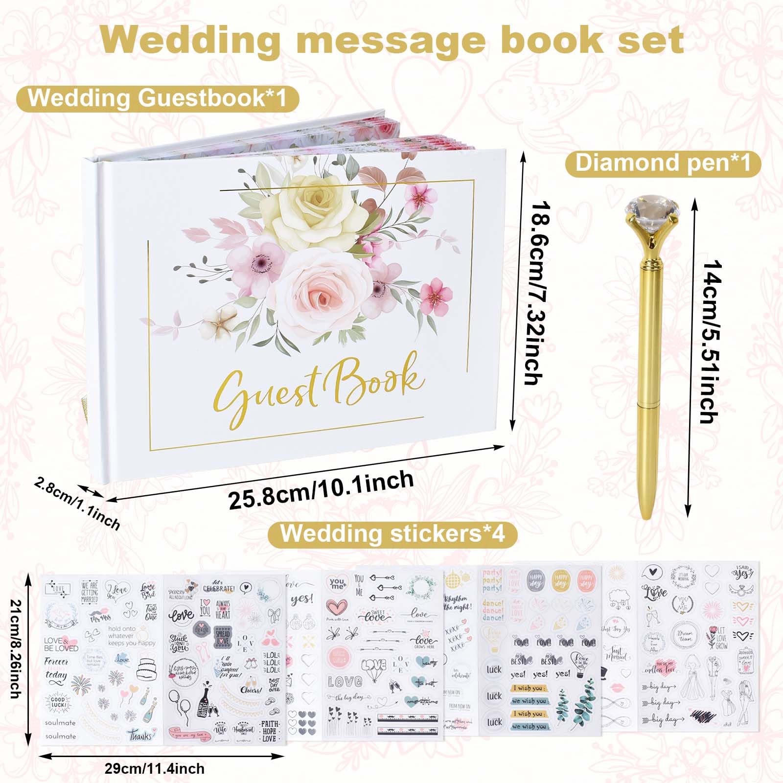 Libro de Firmas Boda, Libro de Invitados Boda con Portada Rígida con Pluma y 4 Pegatinas, para Celebraciones Elegantes y Álbum de Fotos DIY