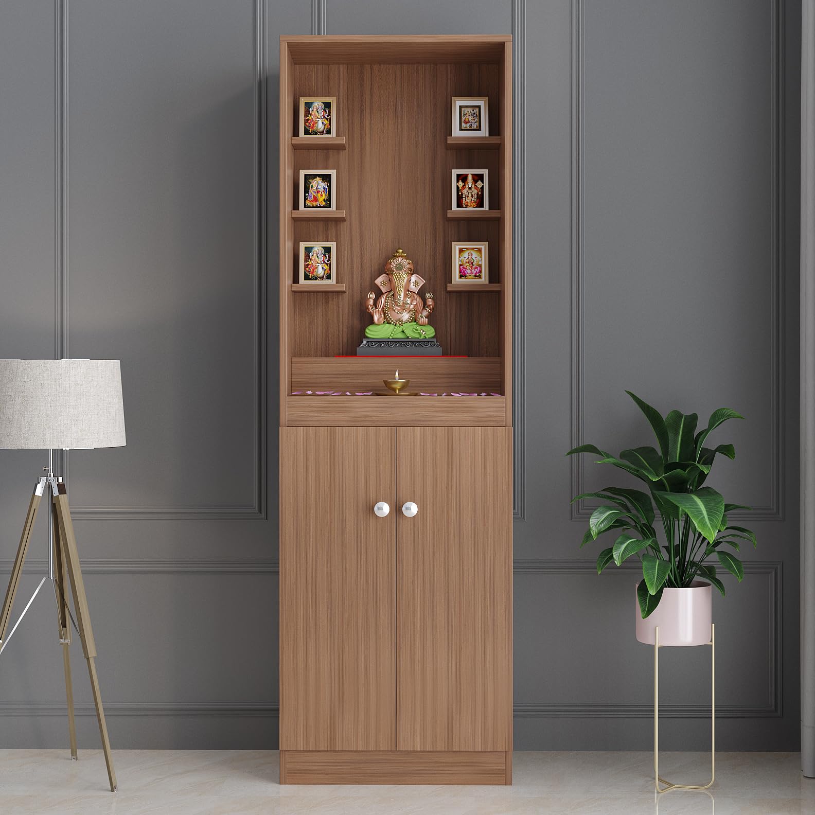 FURNEASER Adya Engineered Wood Pooja Mandir for Home | Modern Design Temple for Home & Office | Puja Stand Shelf Prayer Cabinet | Puja Stand (Exotic Teak Finish) 161x50x32 cm