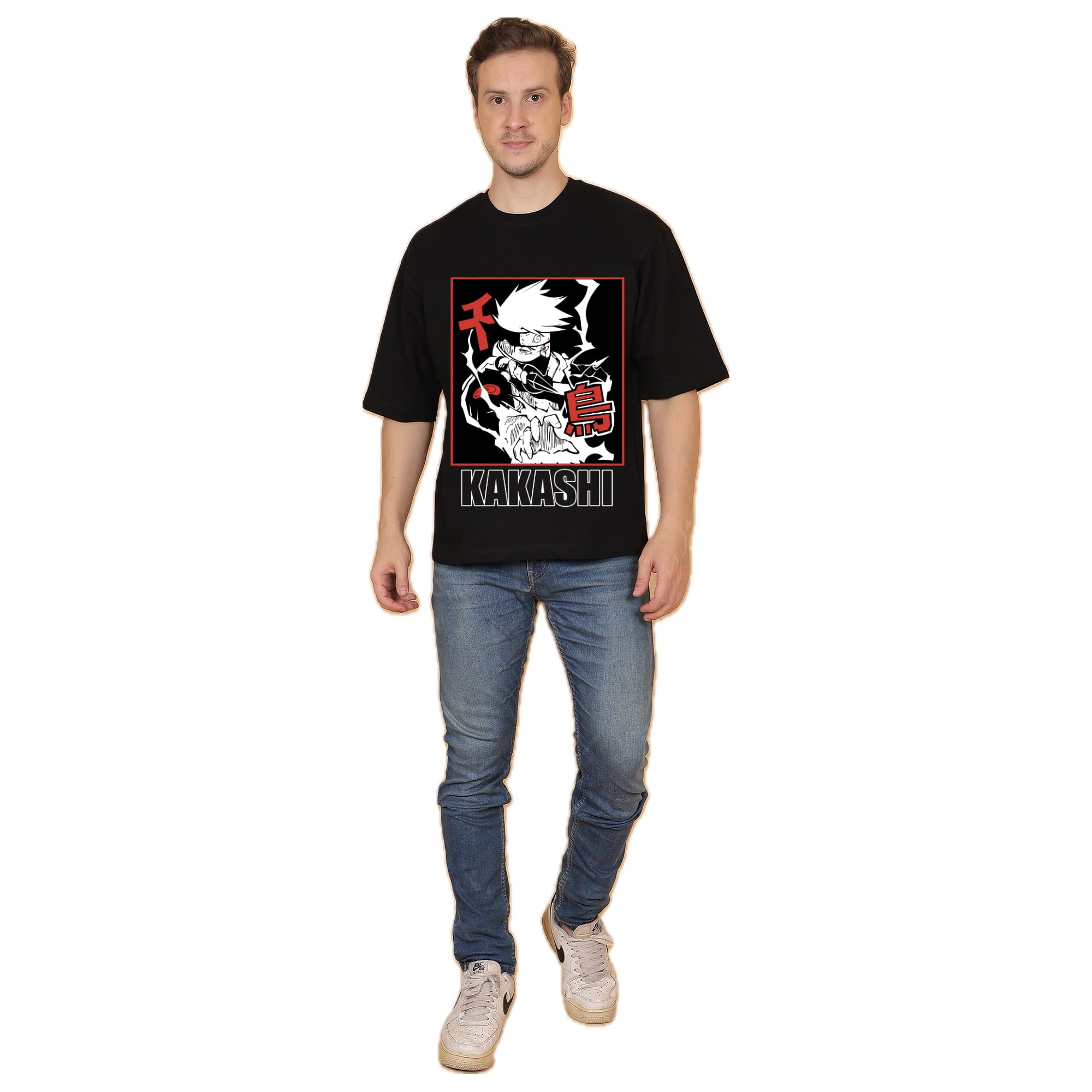 awara bacha Kakashi Power Oversized Black Tshirt for Men and Women Naruto Anime Drop Shoulder Unisex Pure Cotton Baggy Loose Fit T-Shirts-picture-11