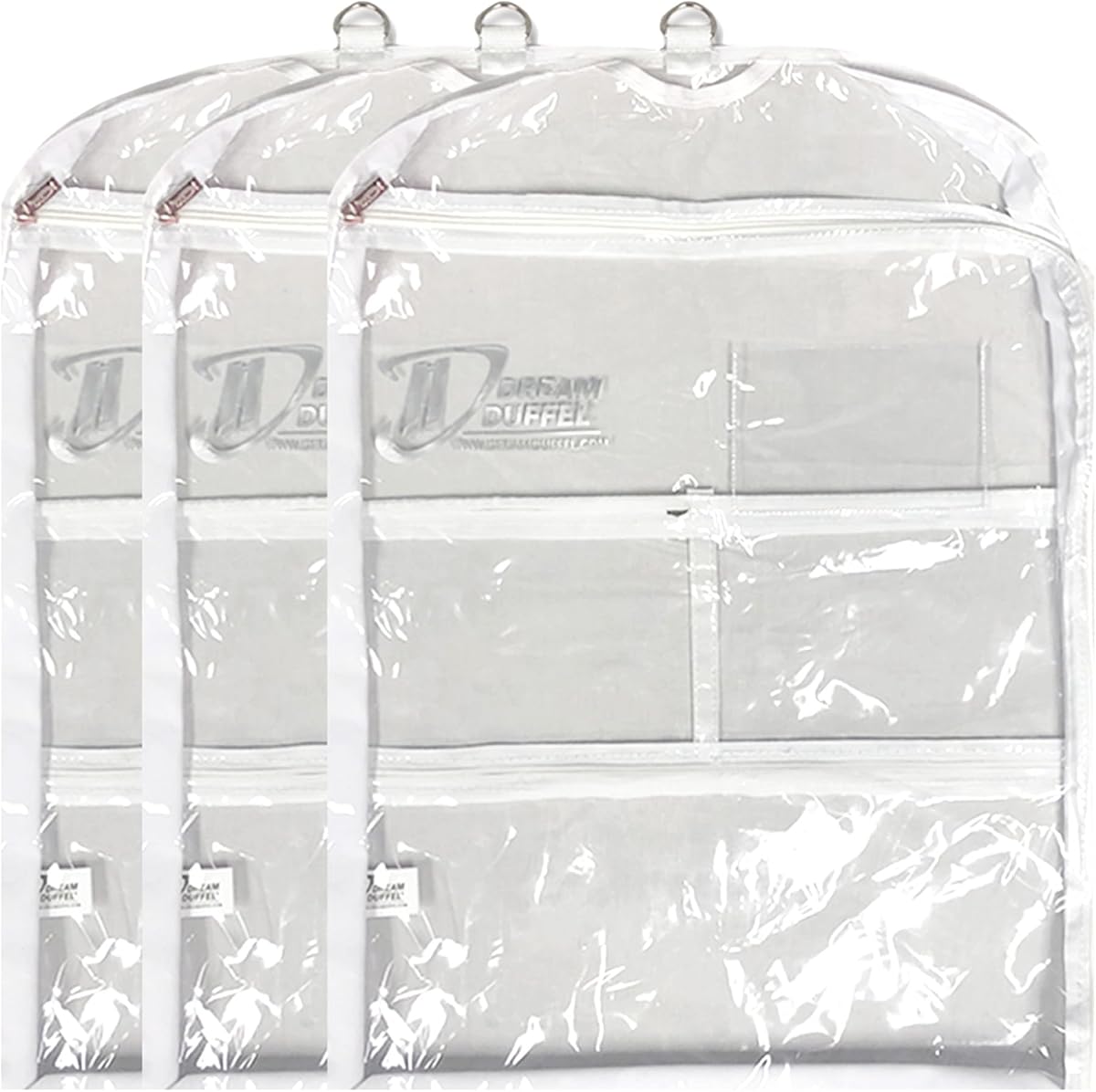 Bolsas de ropa transparentes para trajes de baile, paquete de 3, tamaño corto, entrada lateral con cremallera, bolsillos de almacenamiento para zapatos y accesorios, tamaño 24"x18", Dream Duffel