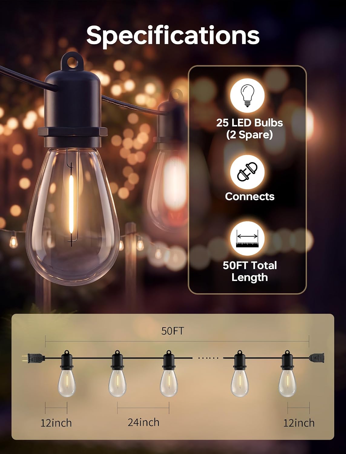 50FT Outdoor String Lights for Patio with 25+2 Shatterproof LED Bulbs image 2