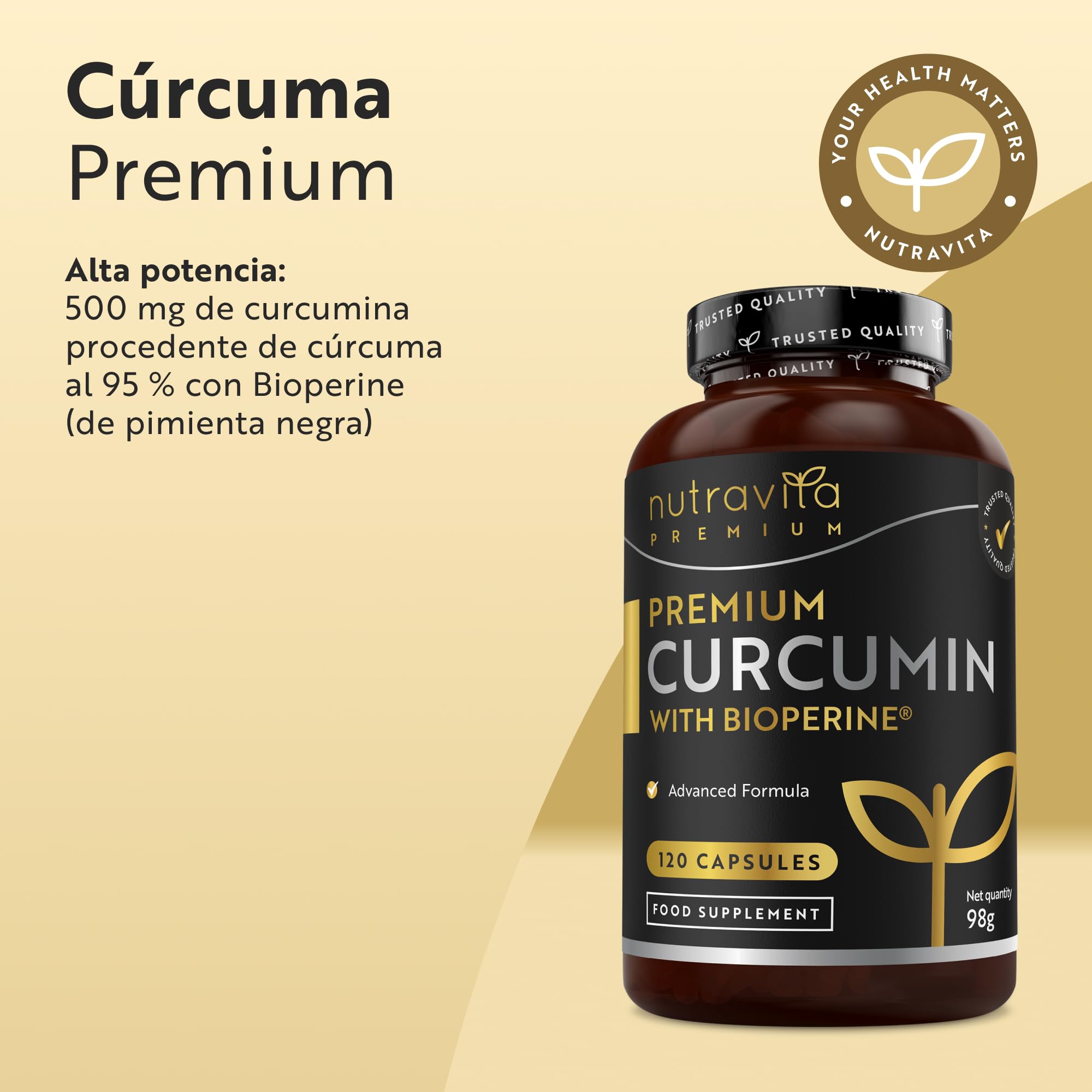 Nutravita Curcumina Premium - 120 Cápsulas de Curcuma en Polvo - Curcumina y Piperina - 95% de Curcuminoides con Bioperine® – Curcuma con Pimienta Negra para Mejorar la Absorción - Veganas