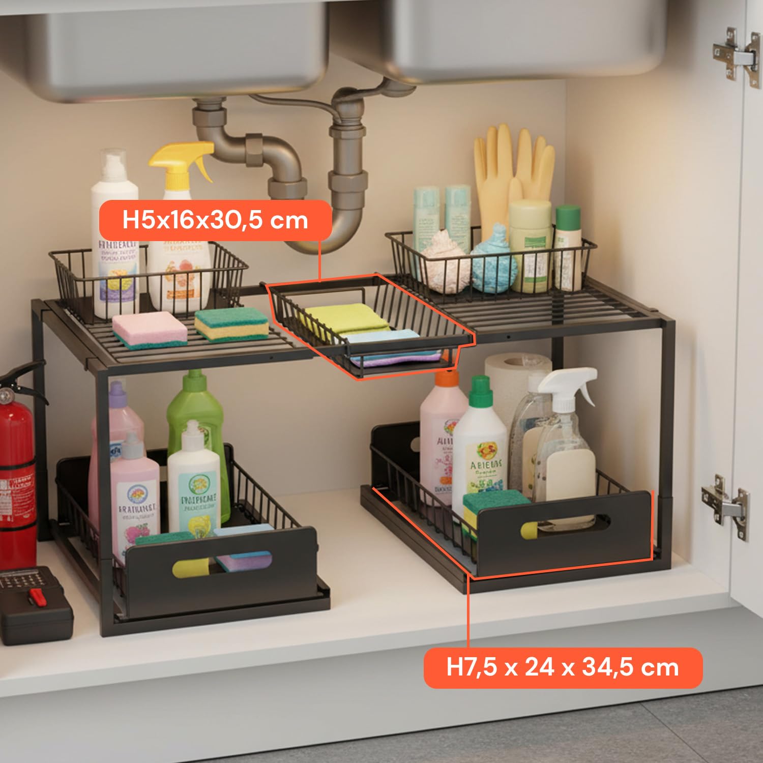 Wintem - Organizer Sottolavello Cucina Espandibile in Acciaio con 2 Cassetti Estraibili, Scaffale Salvaspazio Regolabile per Lavello, Mobile Cucina, Bagno e Lavanderia, Montaggio Facile