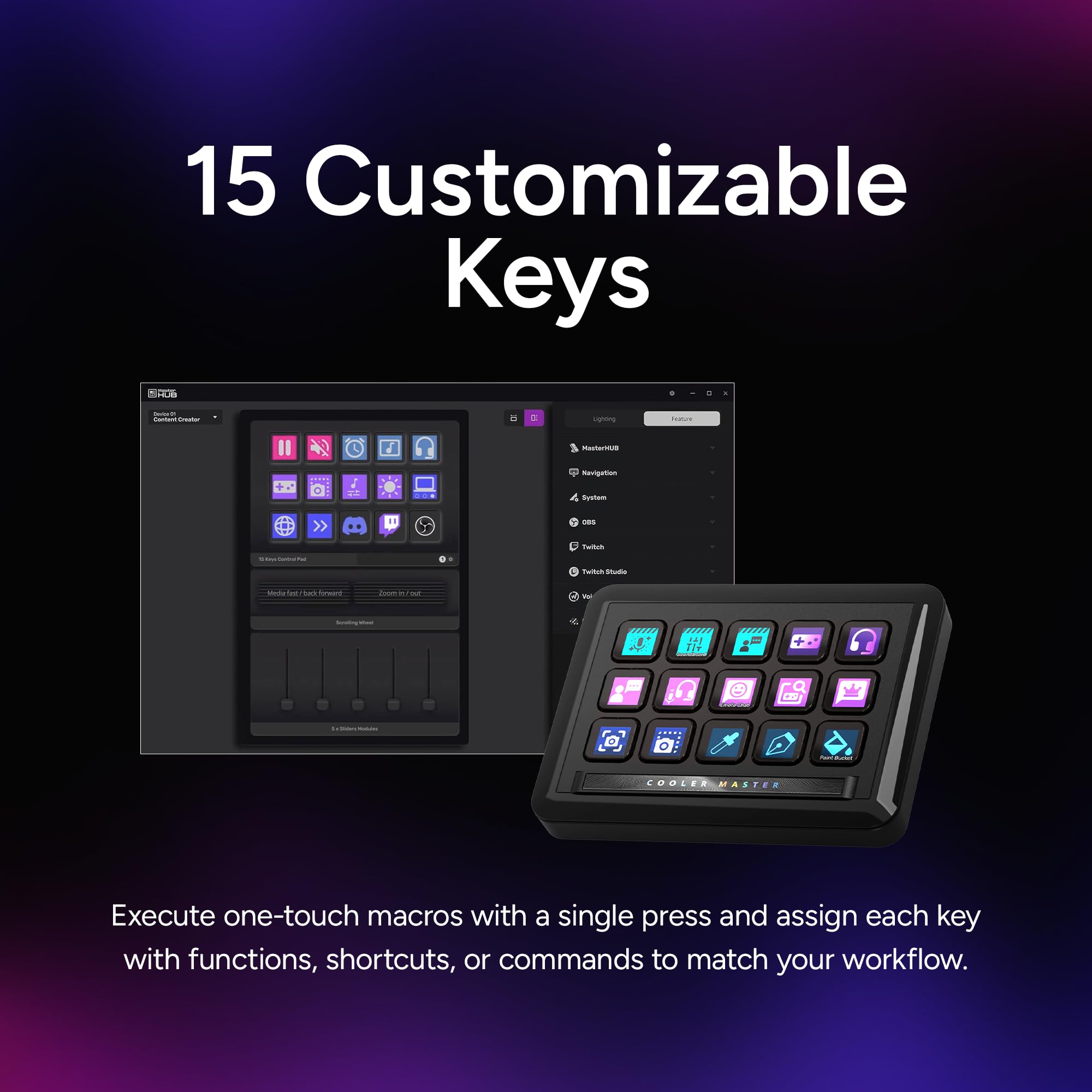 Cooler Master MasterHUB Creator Kit: Freeform 2.0 modulare Plattform – ermöglicht es Ihnen, mit Basis, 15 Tasten IPS-Display, 2 x Roller und 5 x Fader-Modulen anzupassen – Stärkung Ihres Workflows | Streaming & Content Creation, 15 IPS Display Keys, 5 Fad
