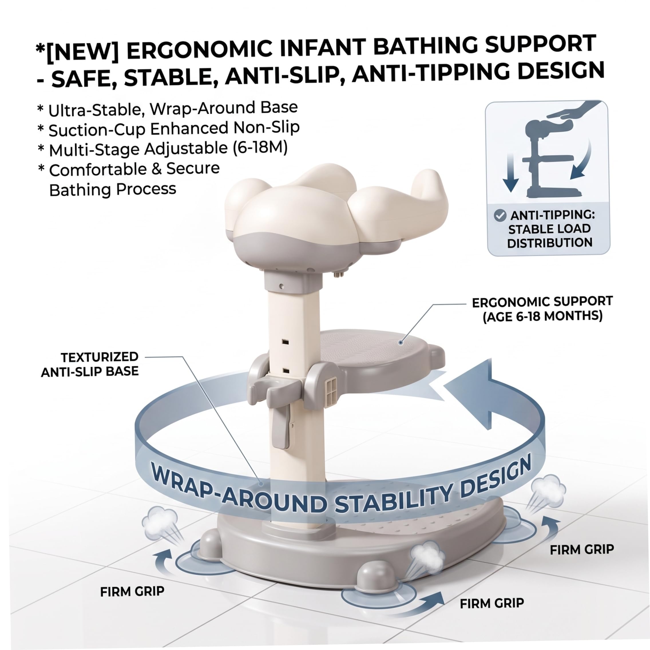 Doccia in piedi per bambini, supporto per bagnetto regolabile con base antiscivolo e sedile rimovibile, grigio