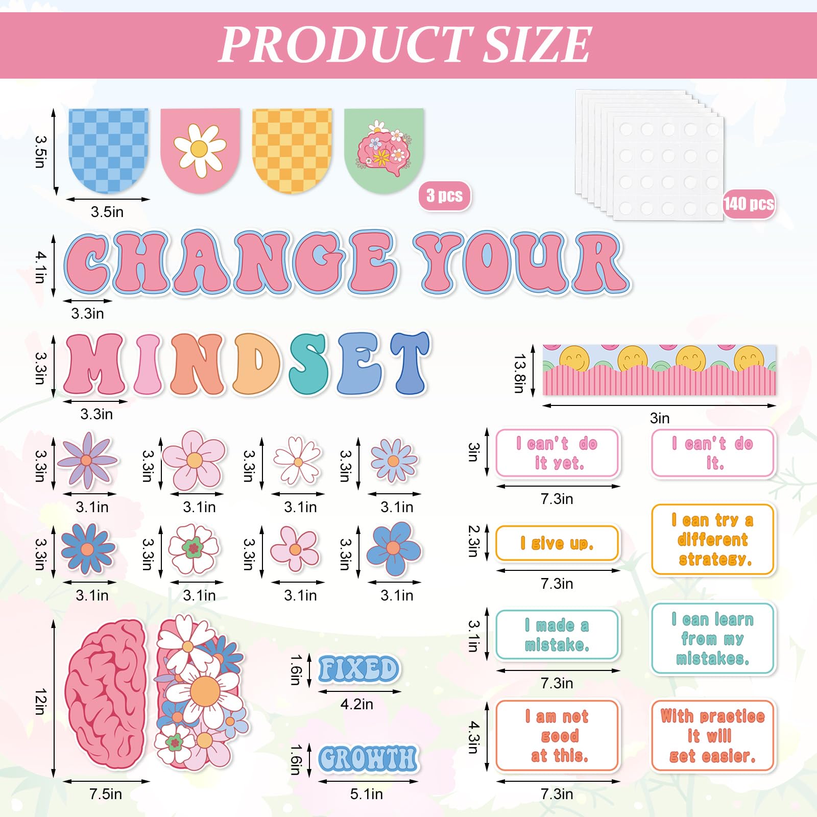 FYSUIMU Bloom with a Growth Mindset - Juego de tablón de anuncios motivacional para cambiar tu mentalidad, póster floral de primavera, decoración de aula para profesores, estudiantes, pared escolar