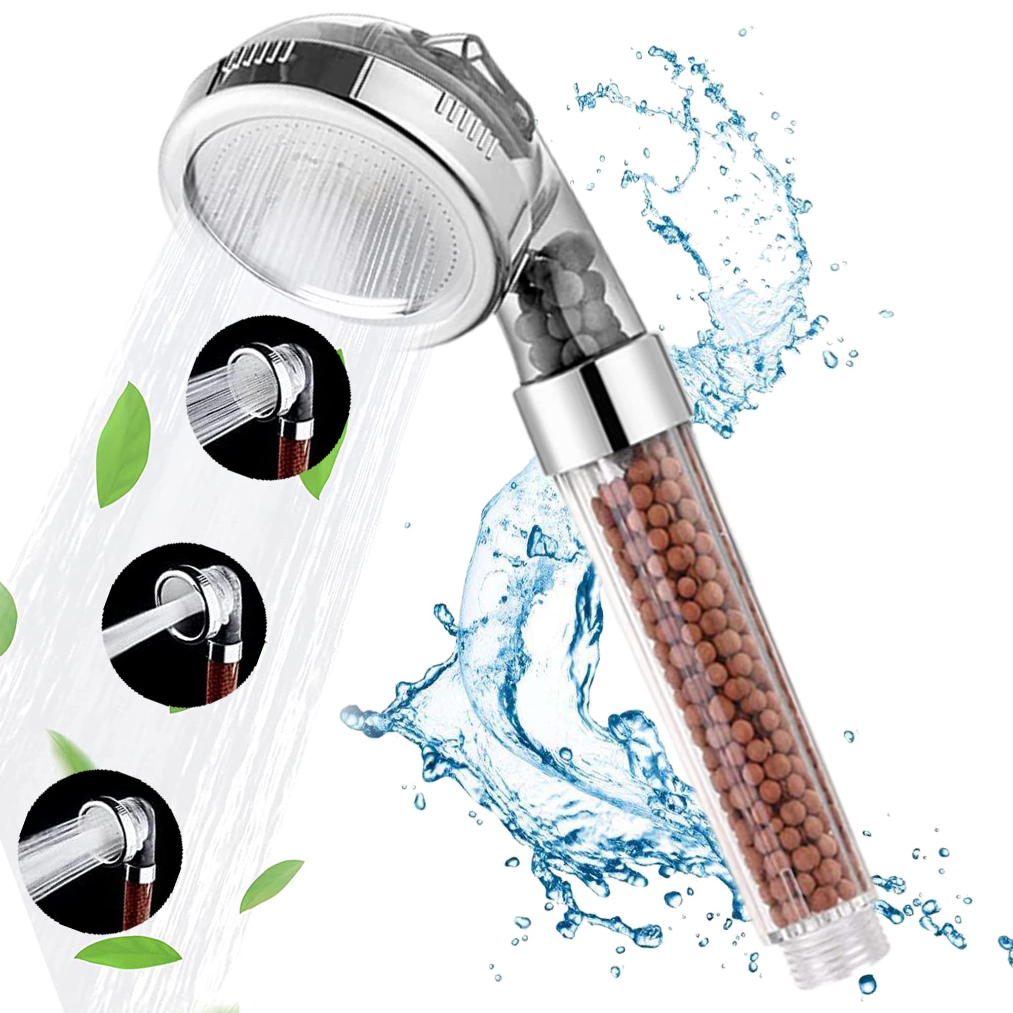 Showay Handheld Shower Head, High Pressure With Water Saving 3 Modes Settings Detachable Filter Head For Hair & Skin Replaceable Mineral Balls, Clear Shower01