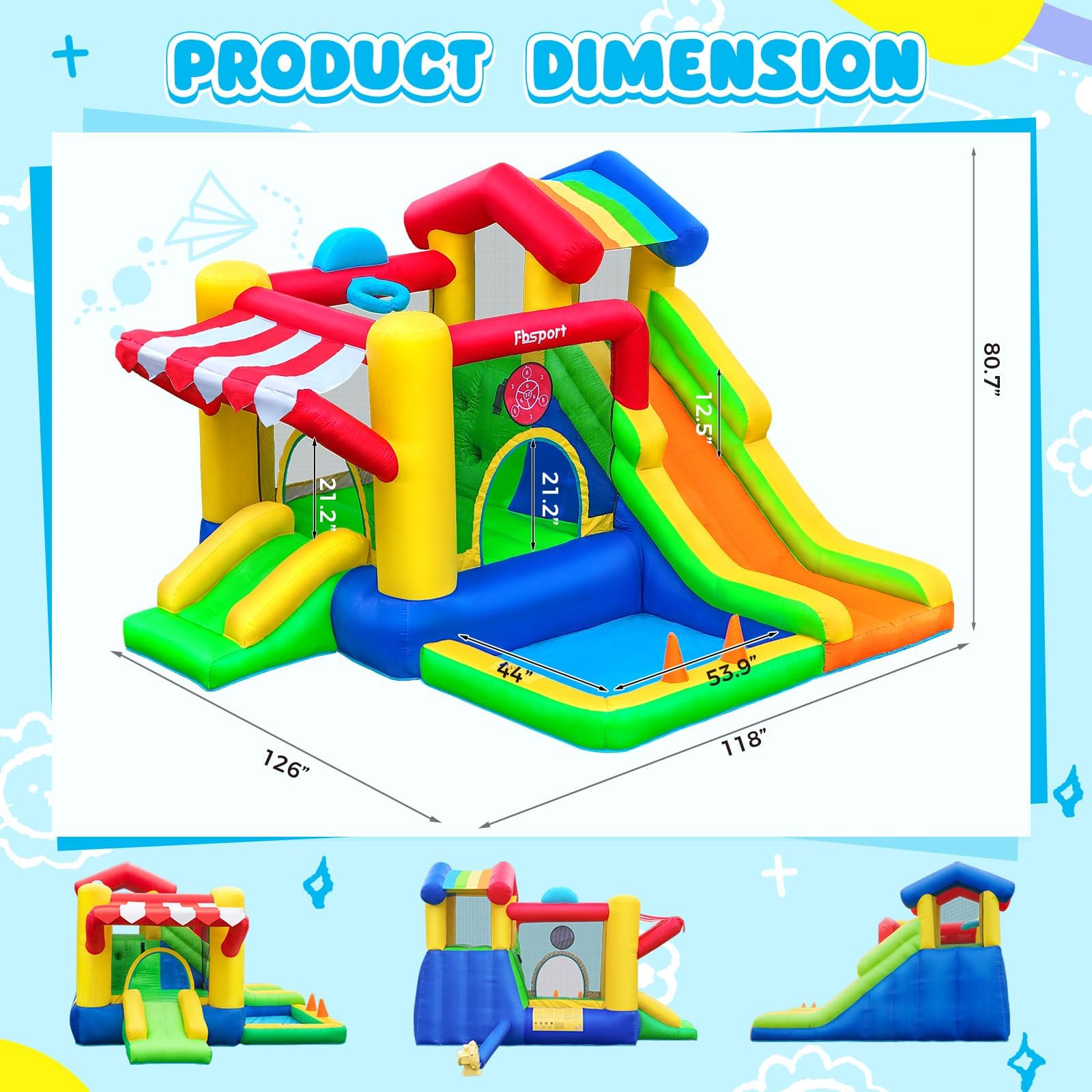 FBSPORT Hüpfburg Kinder Indoor Outdoor mit Doppelrutsche, Trampolin, Bällebad, Kletterwand, Fußballtor und Basketballkorb, Belastbar bis 135 kg, 322 × 305 × 208 cm