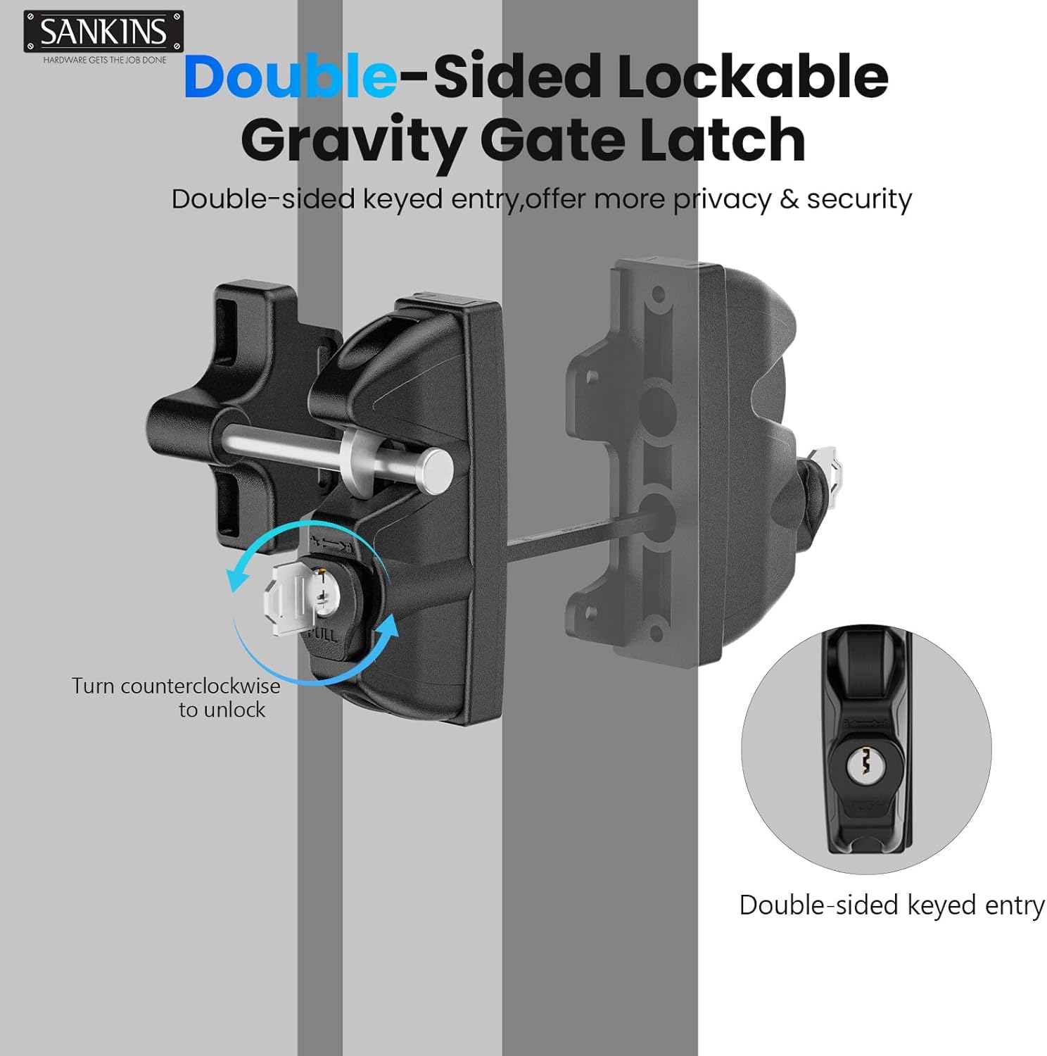 Key Lockable Double Sided Gate Latch for Wooden Fence, Gravity 2 Way Gate Latch Vinyl Fence Gate Lock, Two-Sided Keyed Lock Outdoor Gate Latch for Metal Gates, Vinyl Fence, Wood, Black