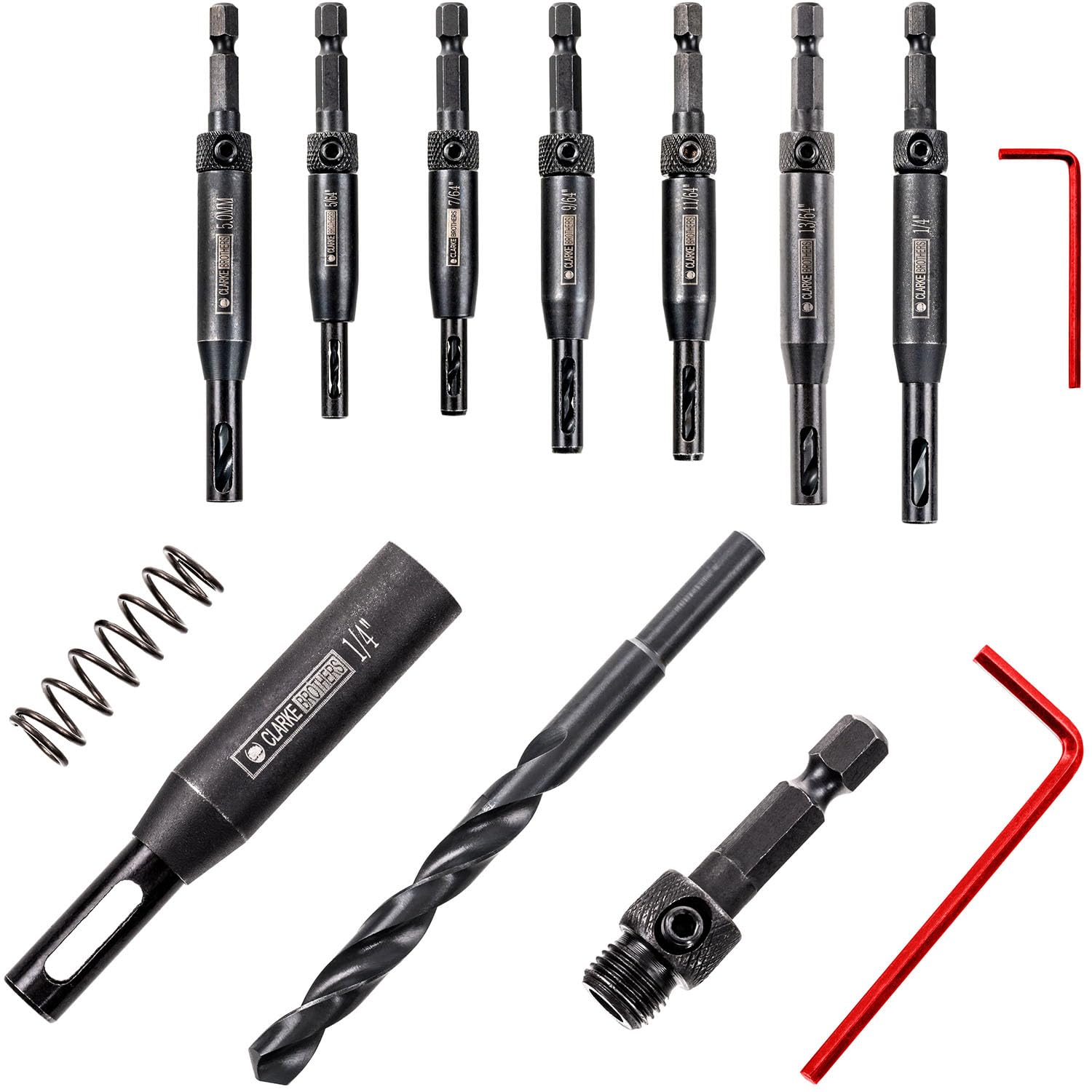 Clarke Brothers Self-Centering Drill Bit Set – 8-Pack Assorted Sizes Center Drill Bit Set with Hex Key and Zippered Case – Heavy-Duty Steel Drill Bits for Wood Working, Hinges, Hardware