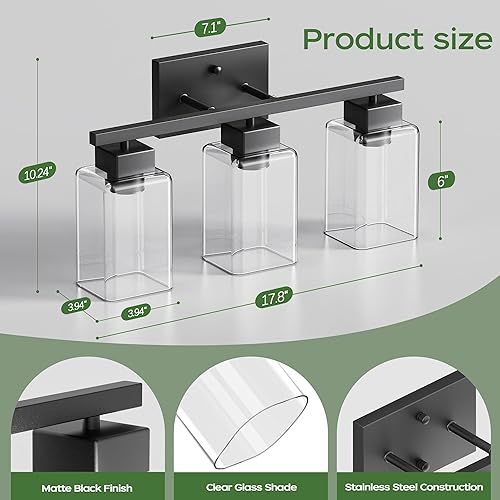 Miniatura 3 de PARTPHONER Lámparas de baño de 3 luces, luces modernas de tocador negro mate, accesorios de iluminación de baño sobre espejo, apliques de pared de