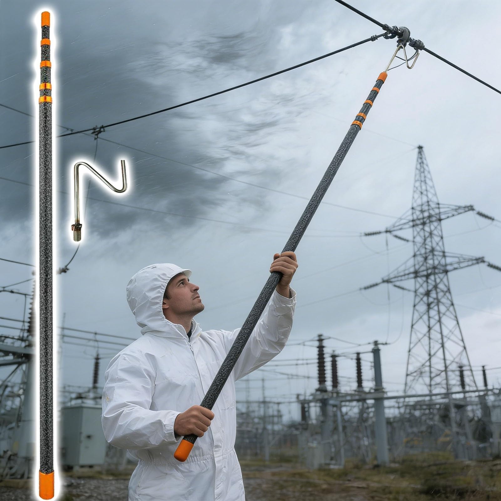 Barra de soporte telescópica de fibra de vidrio aislada de 45 KV, sistema de soporte de cable eléctrico duradero con gancho y ojal para aplicaciones antielectrocución