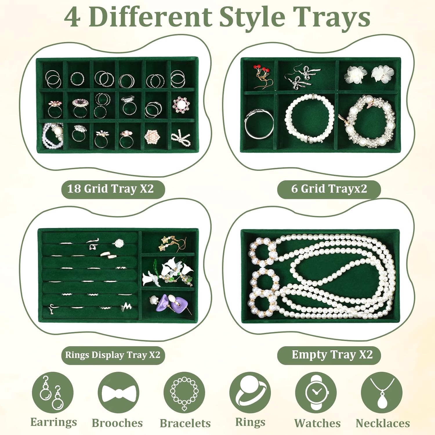 Set of 8 Stackable Jewelry Trays Velvet Jewelry Organizer Display Case Storage Drawer Inserts Jewlery Container for Necklace Bracelet Rings Watch Earrings (Green) - Image 4