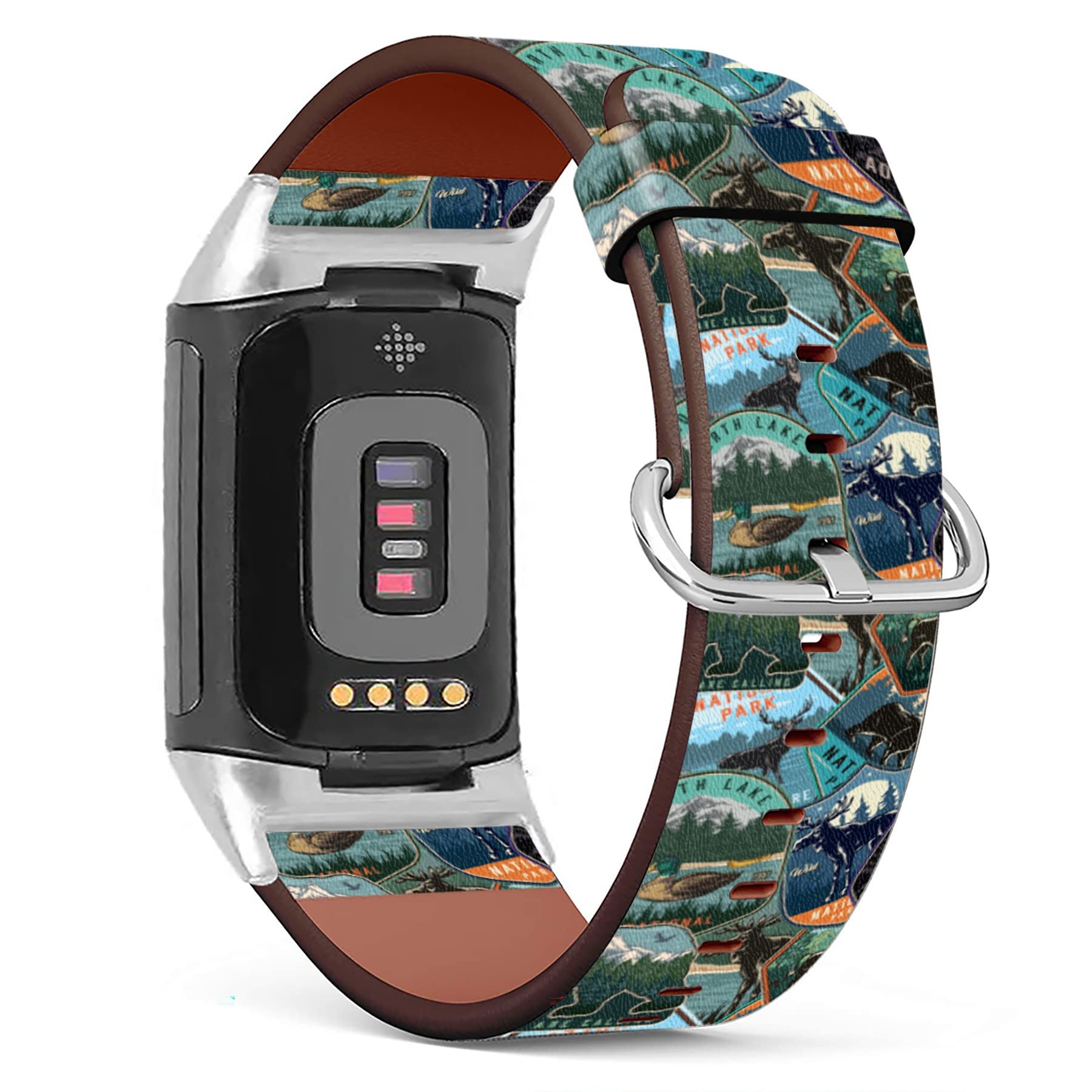 MINGDAO Compatible with Fitbit Charge 5 , Patterned Leather Replacement Band , National Park Emlbems