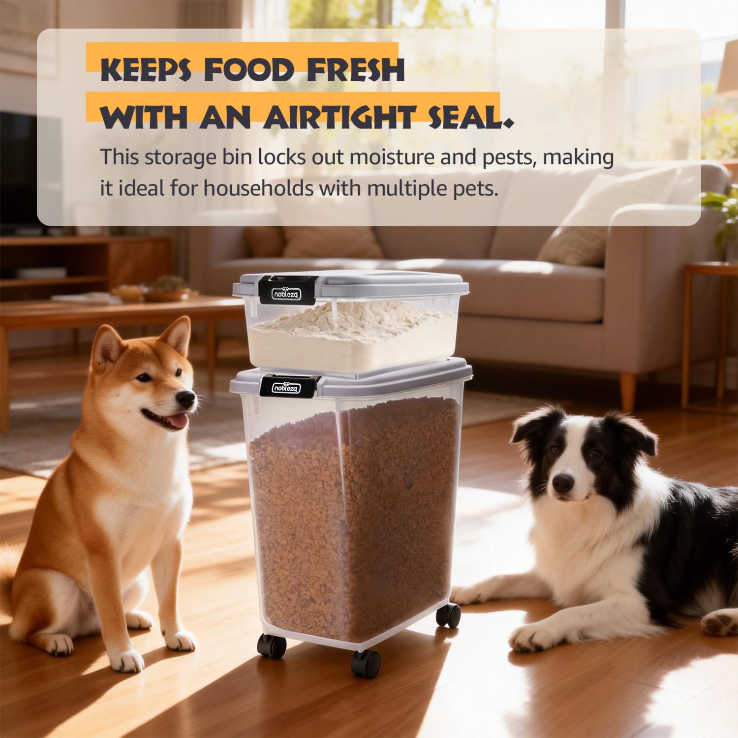 Nobleza Contenedor de Comida para Mascotas 10L+40L， Caja Hermética Transparente con Ruedas， Tapa Abatible y Pala para Alimento de Perros y Gatos， Gris
