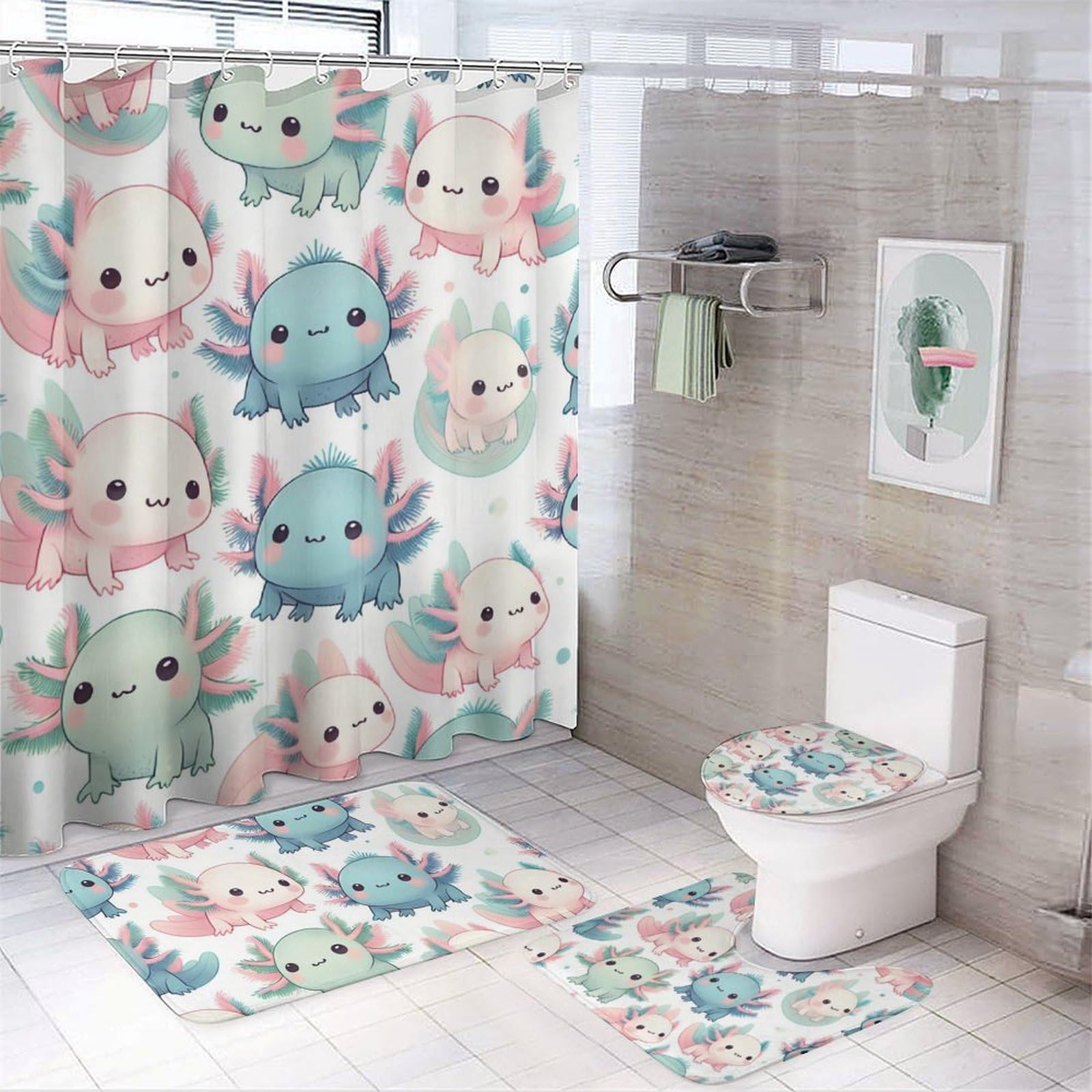 Duschvorhang mit Badezimmer-Sets und Teppichen, Dekoration, Cartoon-Axolotl, lustige Duschvorhang-Sets mit rutschfestem Teppich, WC-Deckelbezug, U-förmige Matte mit Haken, 182,9 x 182,9 cm, 4